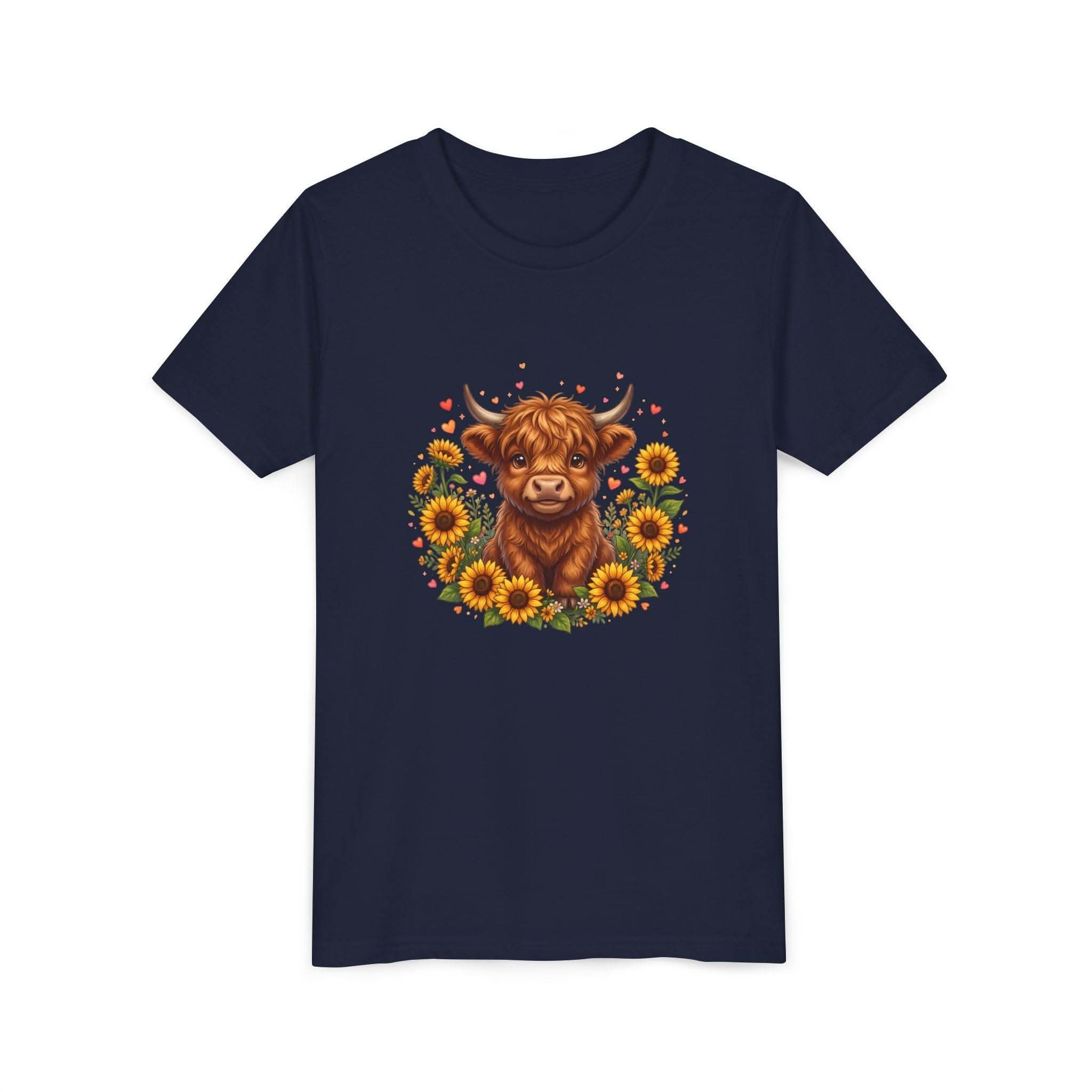 Youth tee featuring a Highland Cow with sunflowers design on soft cotton fabric