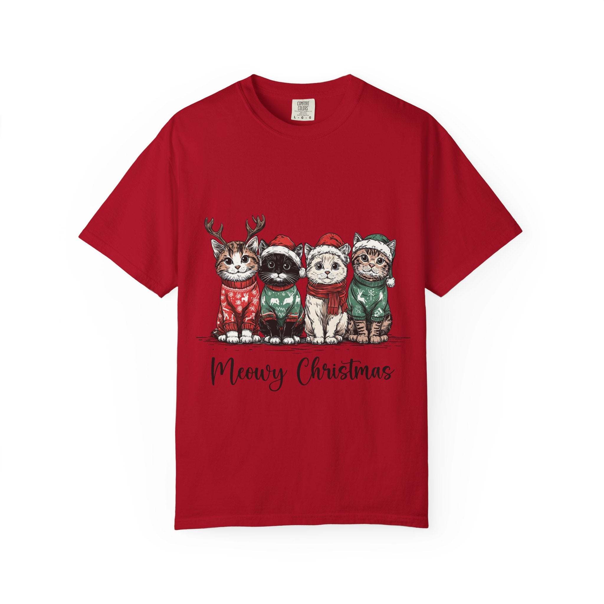 Bay Cat Lover T-shirt with Meowy Christmas design from Printify, perfect festive gift for cat enthusiasts.