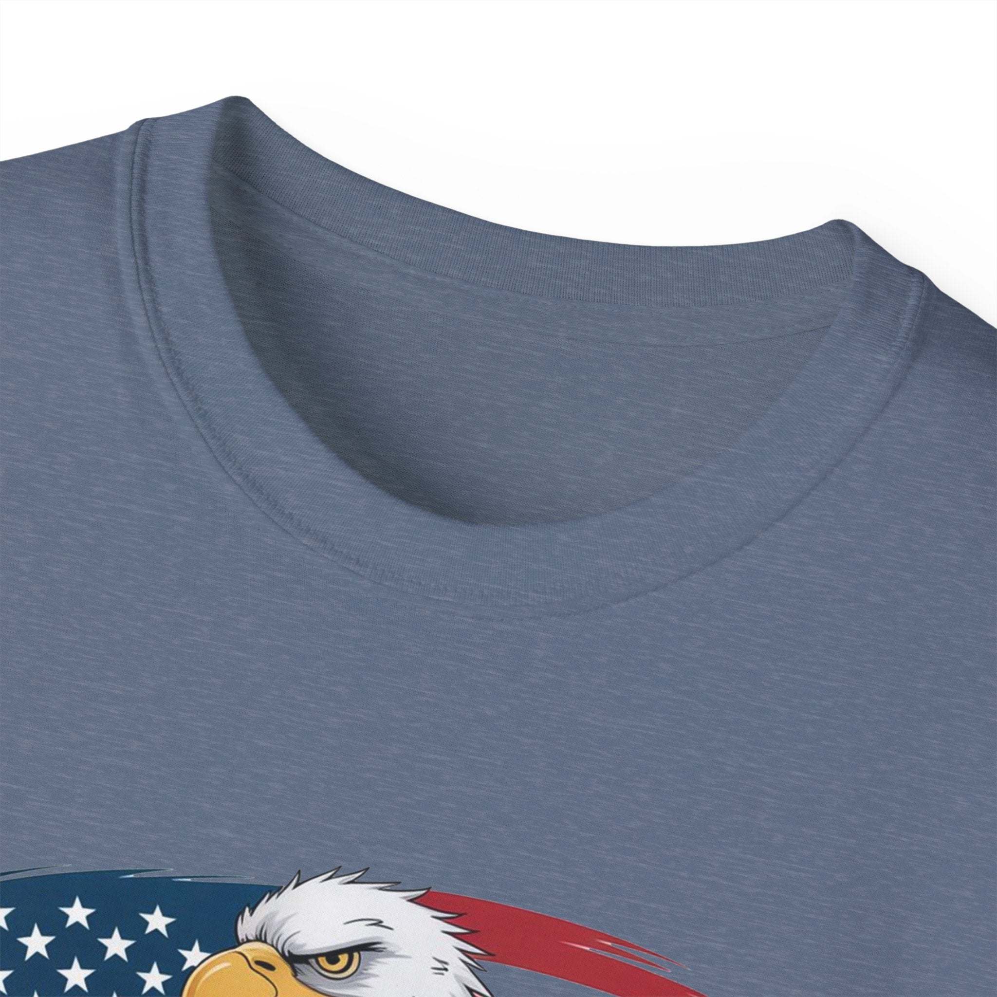 Close-up of blue Proud Veteran T-Shirt with American flag and eagle graphic, unisex veteran tee shirt design
