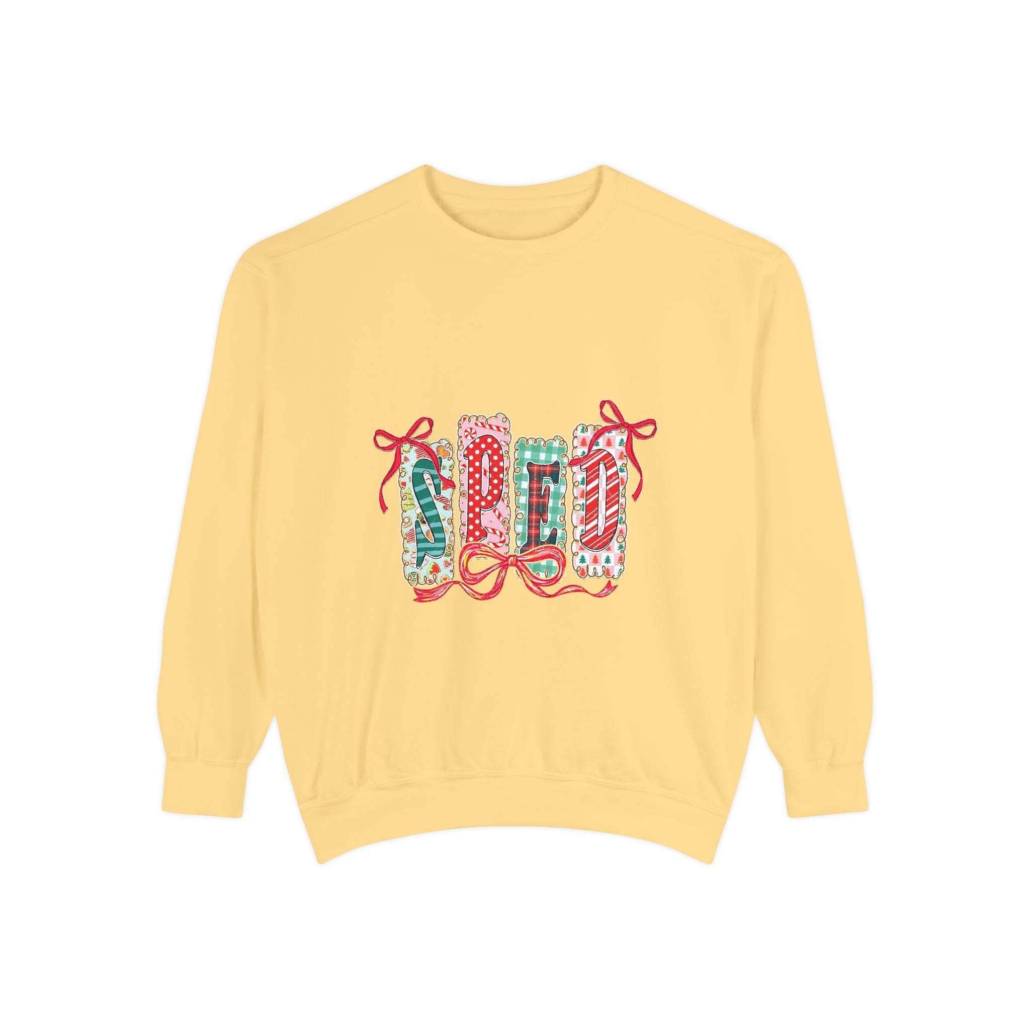 Pepper-colored garment-dyed sweatshirt for SPED teachers, festive Christmas design, available in various sizes.