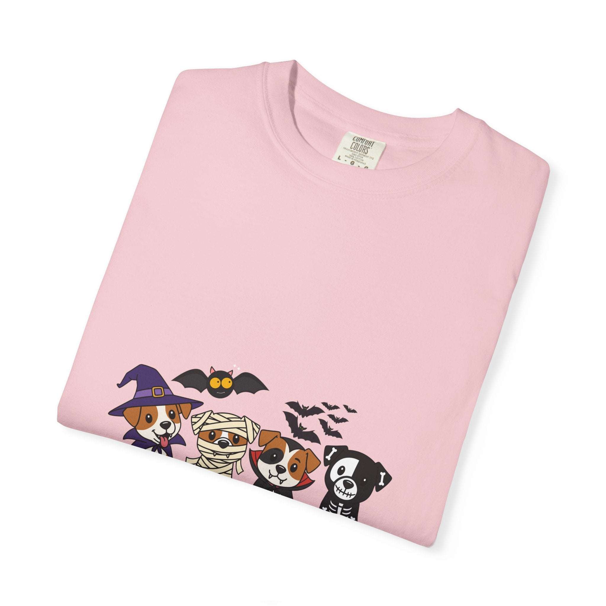 Pink Puppies Halloween T-shirt with puppies in Halloween costumes including witch, mummy, and skeleton designs