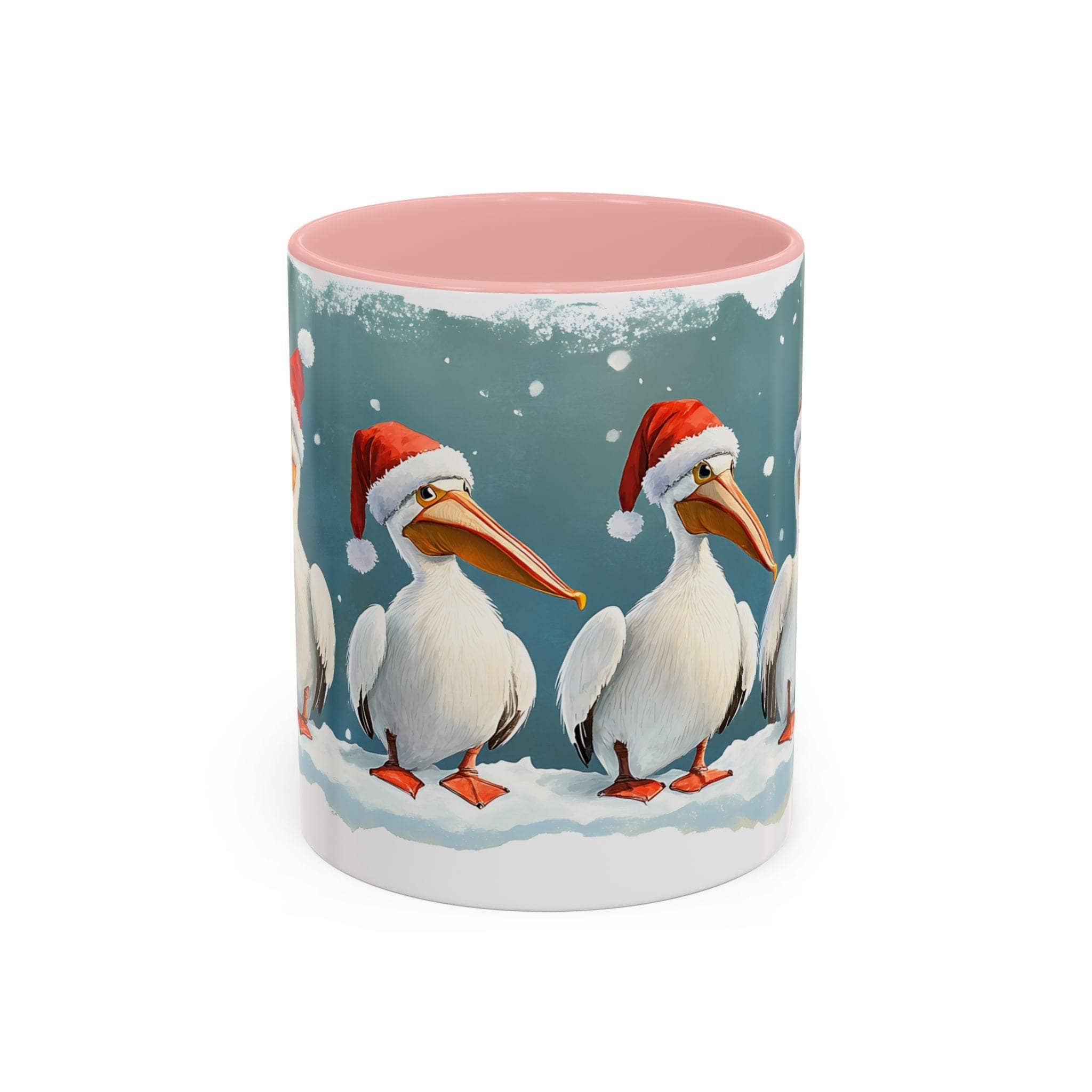 Mug with Christmas-themed design featuring pelicans wearing Santa hats on a blue background.