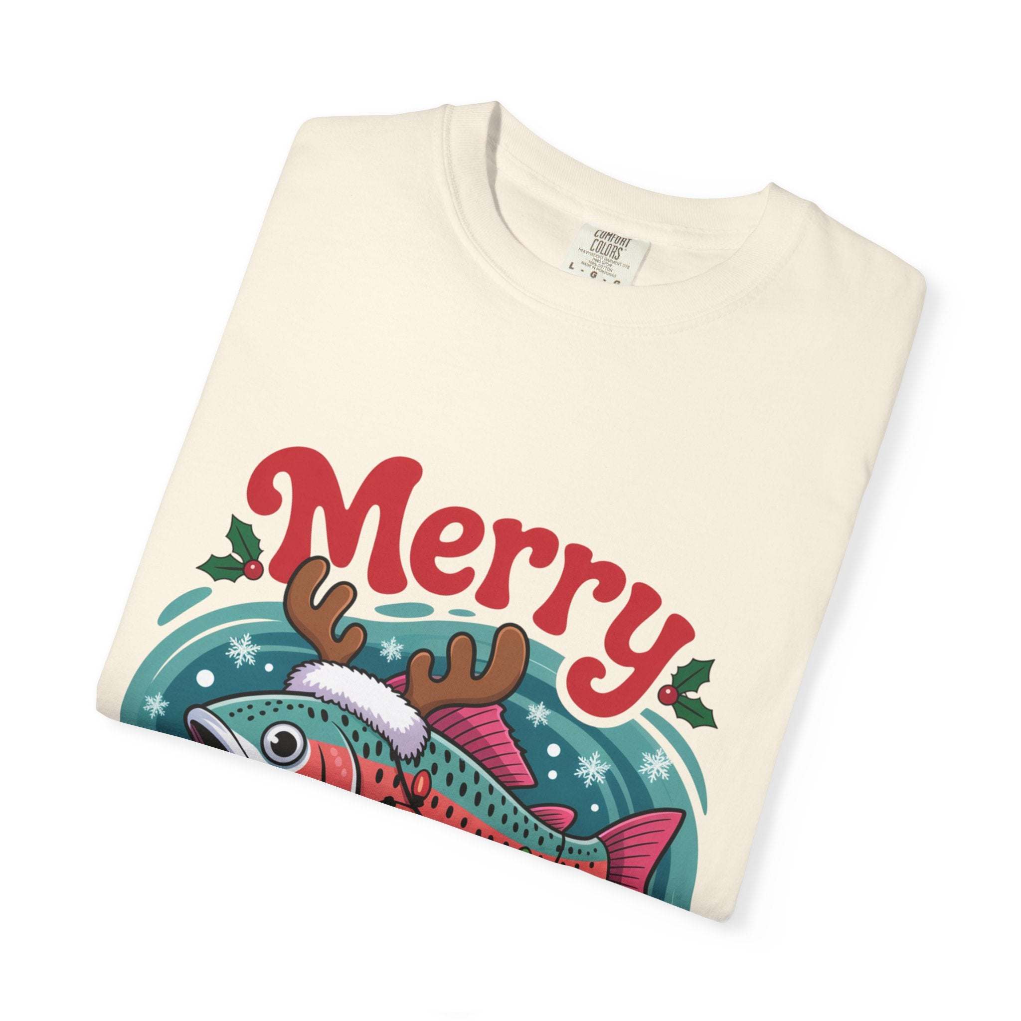 True Navy garment-dyed t-shirt featuring Merry Fishmas design for fishermen, by Printify