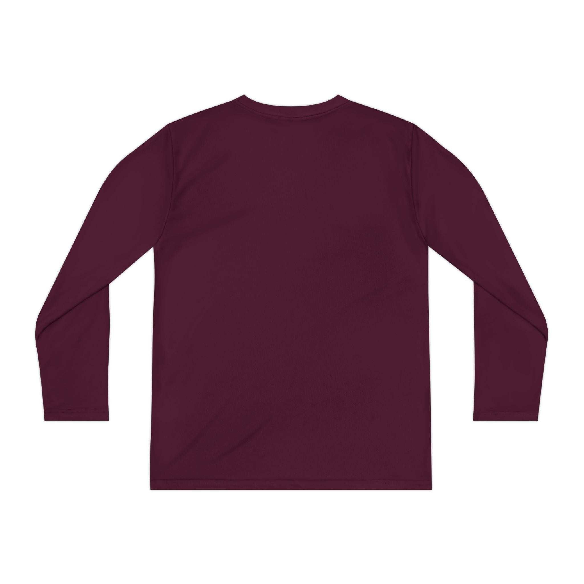 Back view of maroon youth long sleeve tee shirt for Halloween and baseball fans