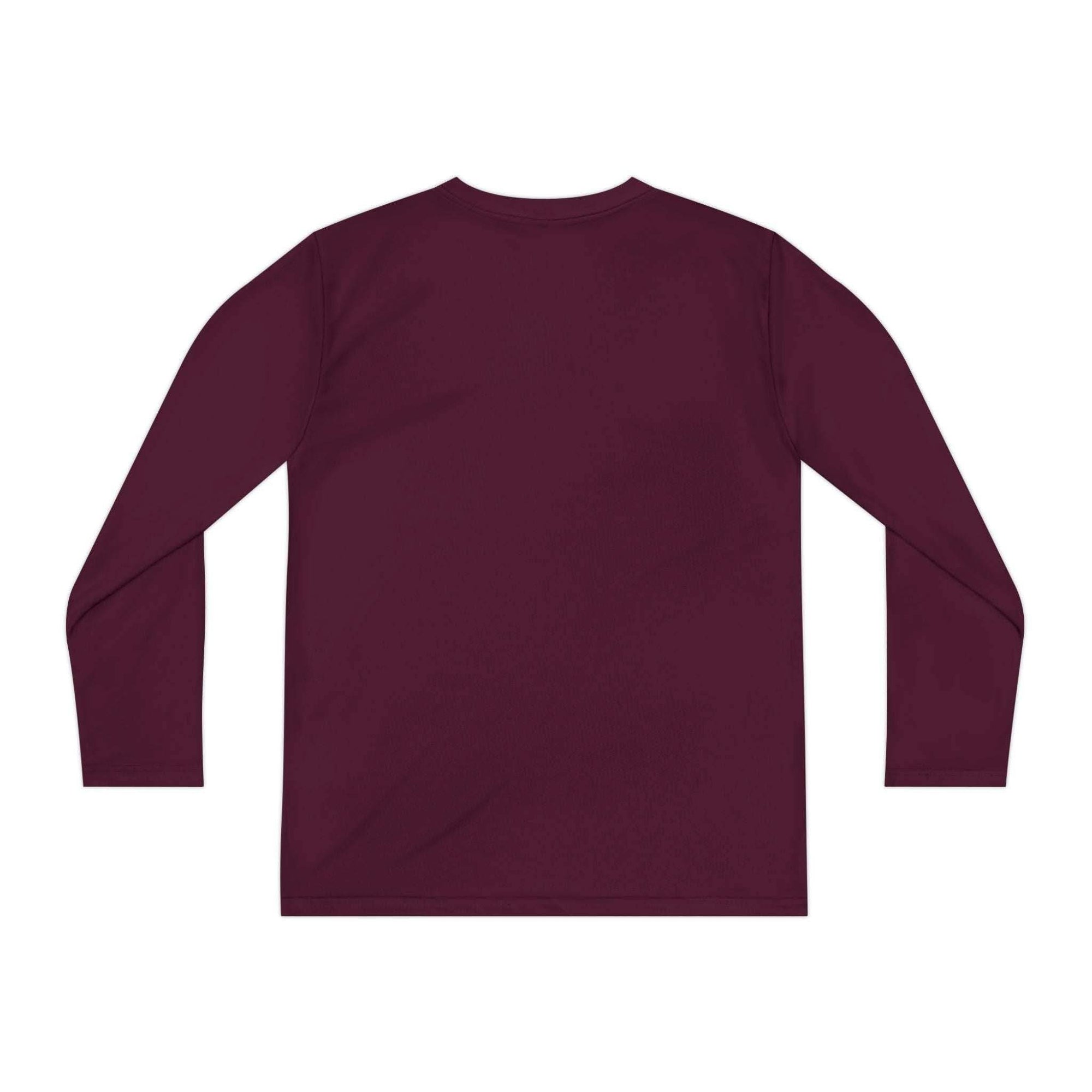 Back view of maroon youth long sleeve tee shirt for Halloween and baseball fans