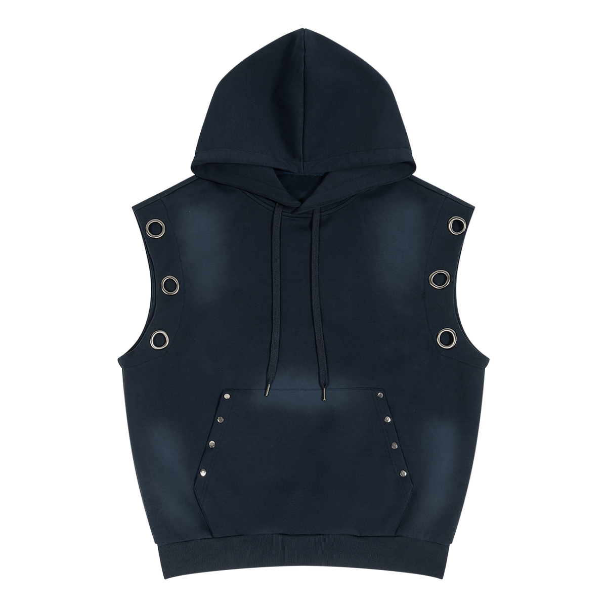 Unisex vintage wash sun fade sleeveless hoodie with heavyweight fabric and metal eyelets