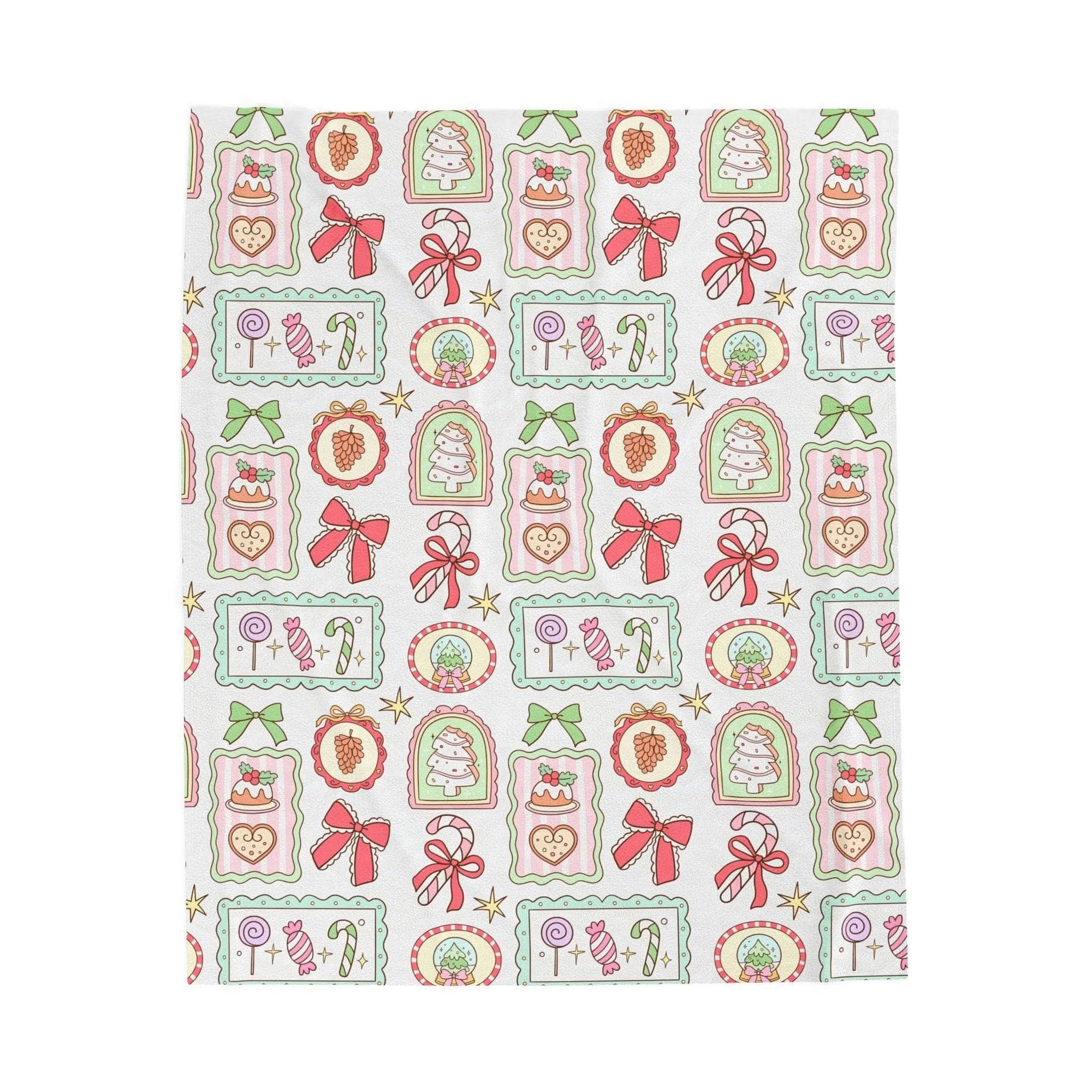Velveteen Plush Blanket with retro Christmas frames design draped over sofa
