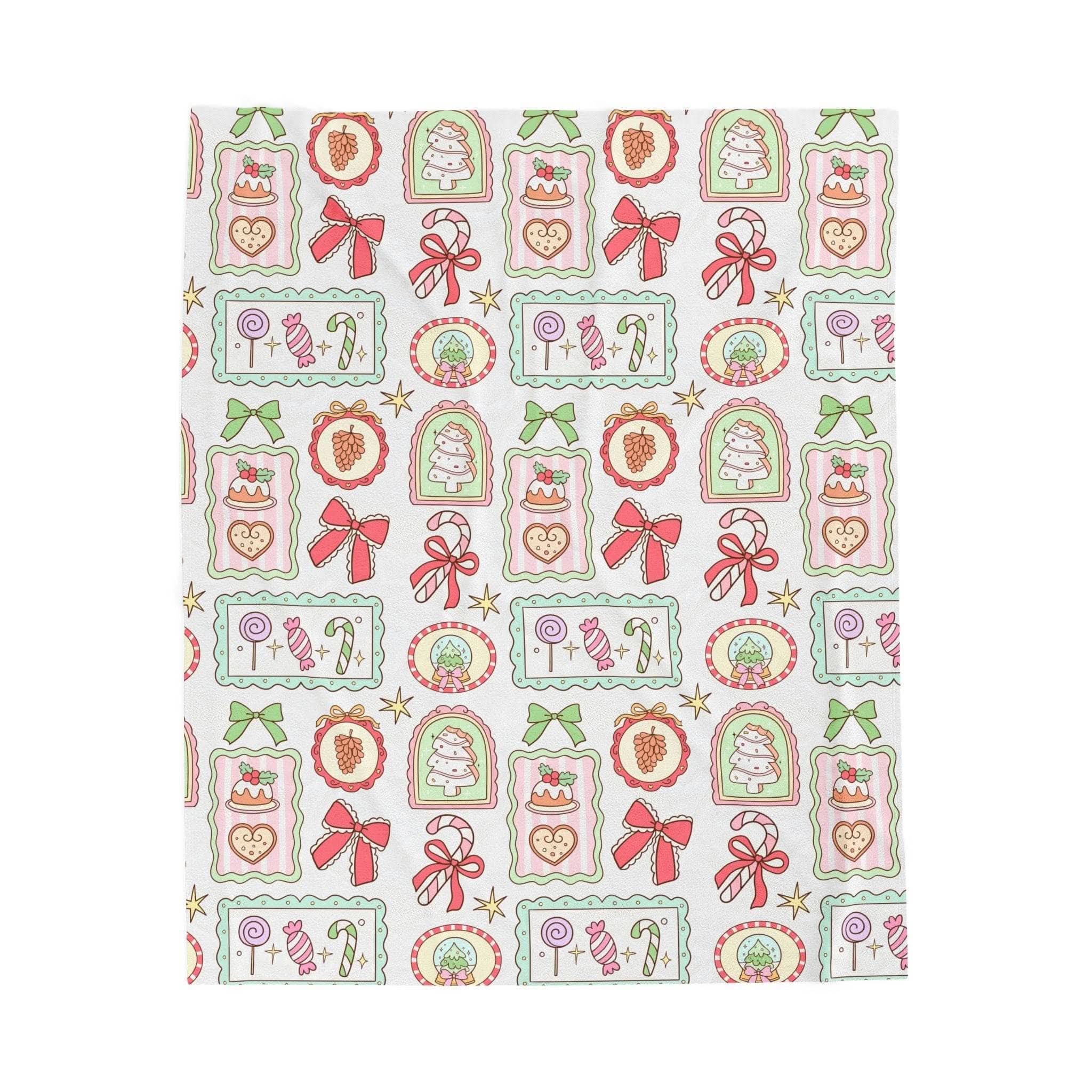 Velveteen Plush Blanket with retro Christmas frames design draped over sofa