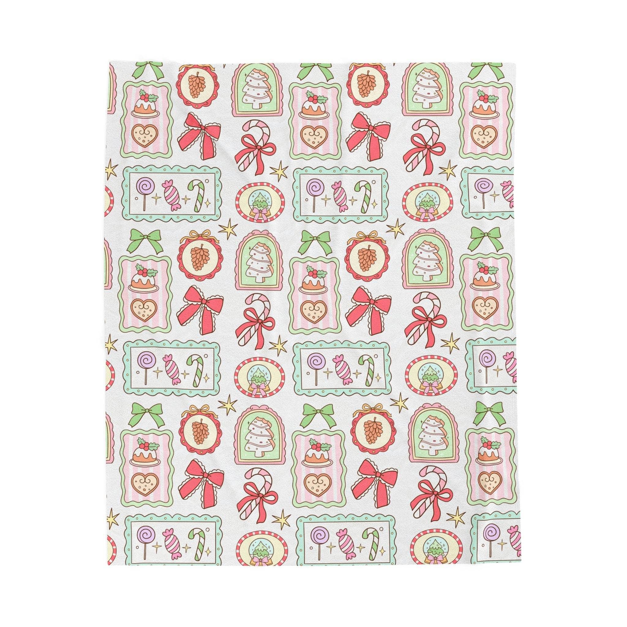 Velveteen plush blanket with retro Christmas frames pattern and vibrant holiday colors