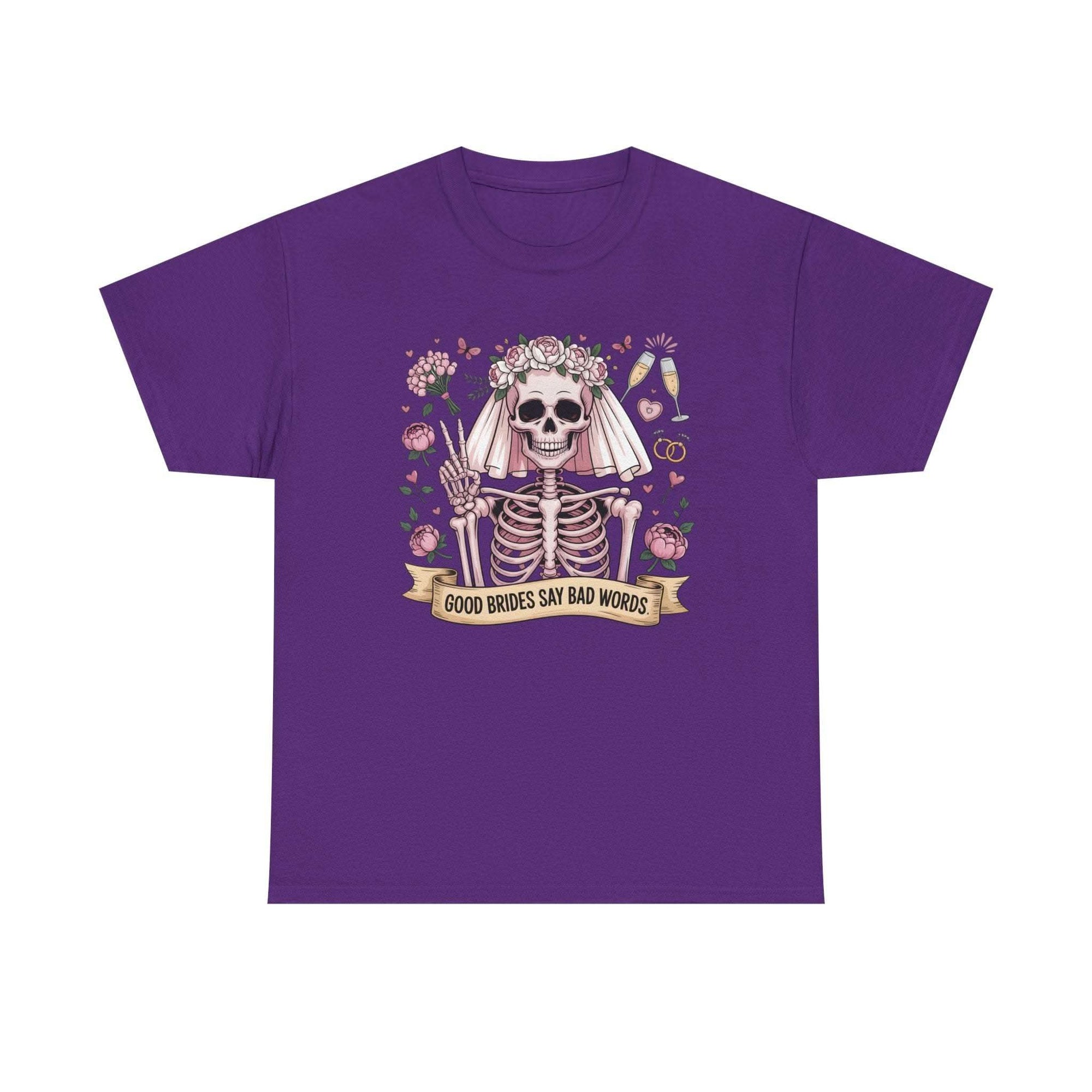 Soft cotton bride skull illustration tee with skeleton bride and roses design