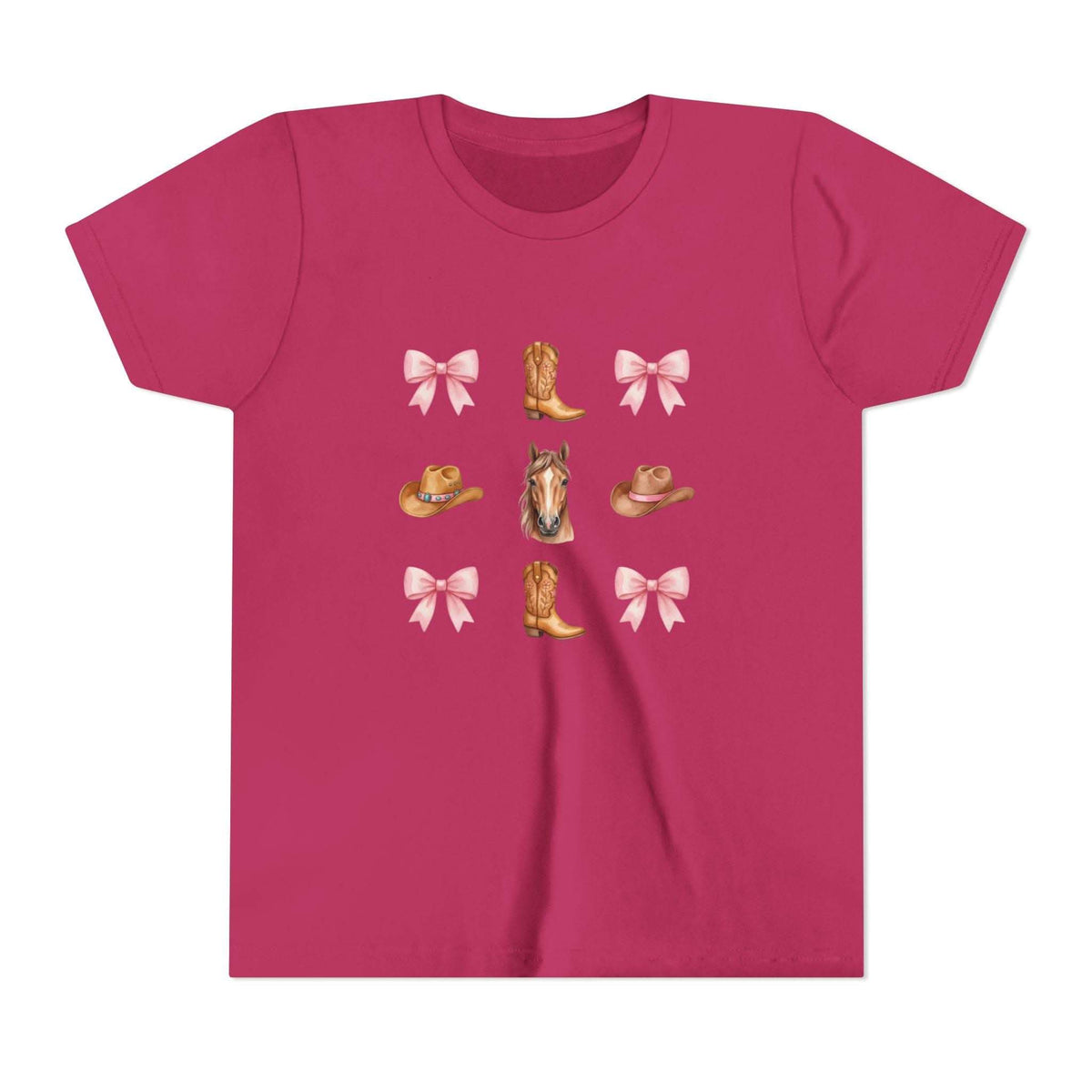 Youth pink t-shirt featuring Cowboy Horse & Boots design with pink bows and Western hat print