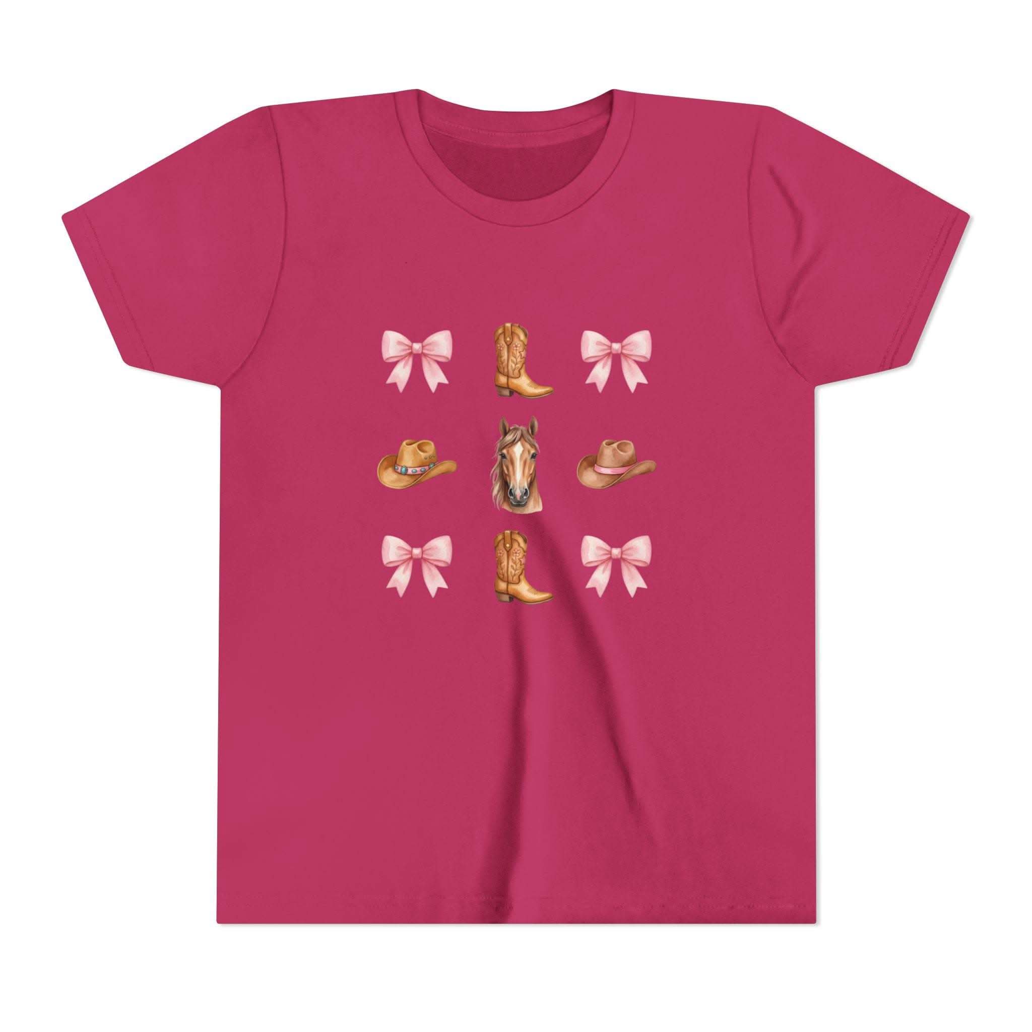 Youth pink t-shirt featuring Cowboy Horse & Boots design with pink bows and Western hat print