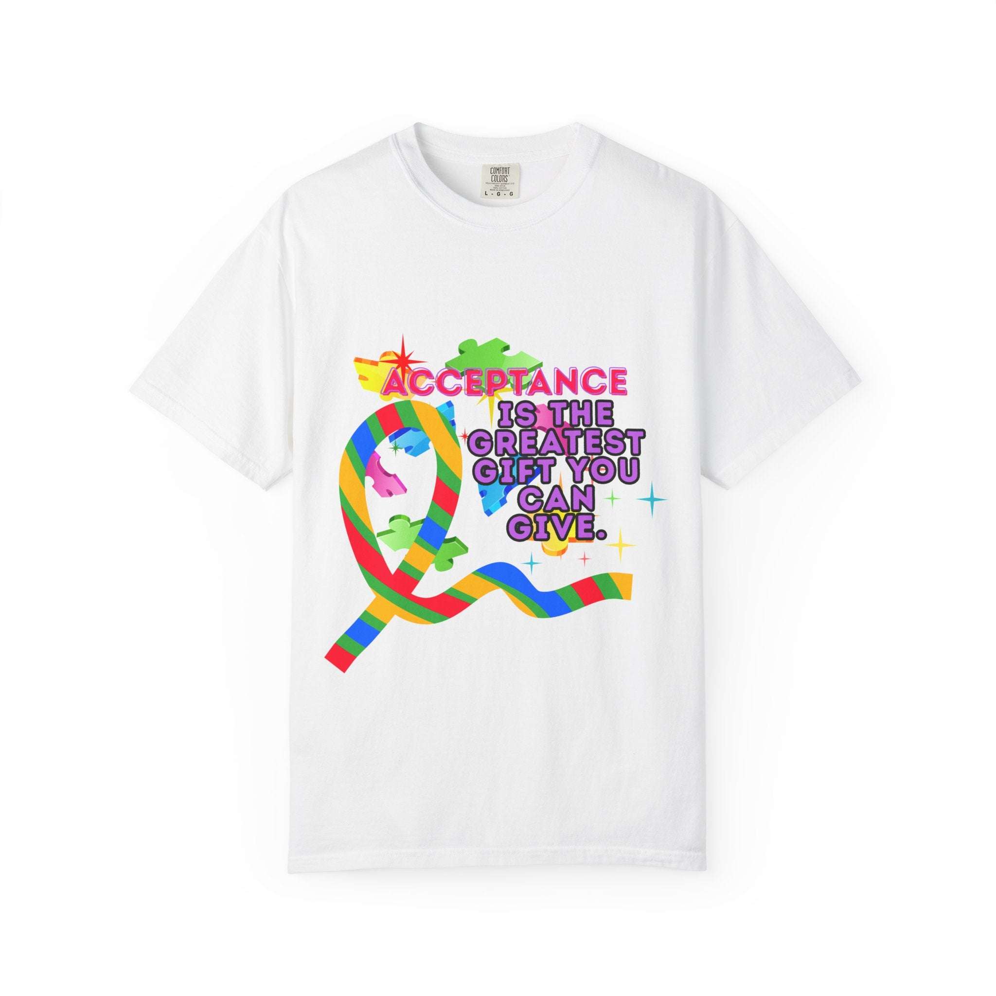 Garment-dyed white T-shirt with colorful Autism Acceptance ribbon and message promoting inclusivity and support