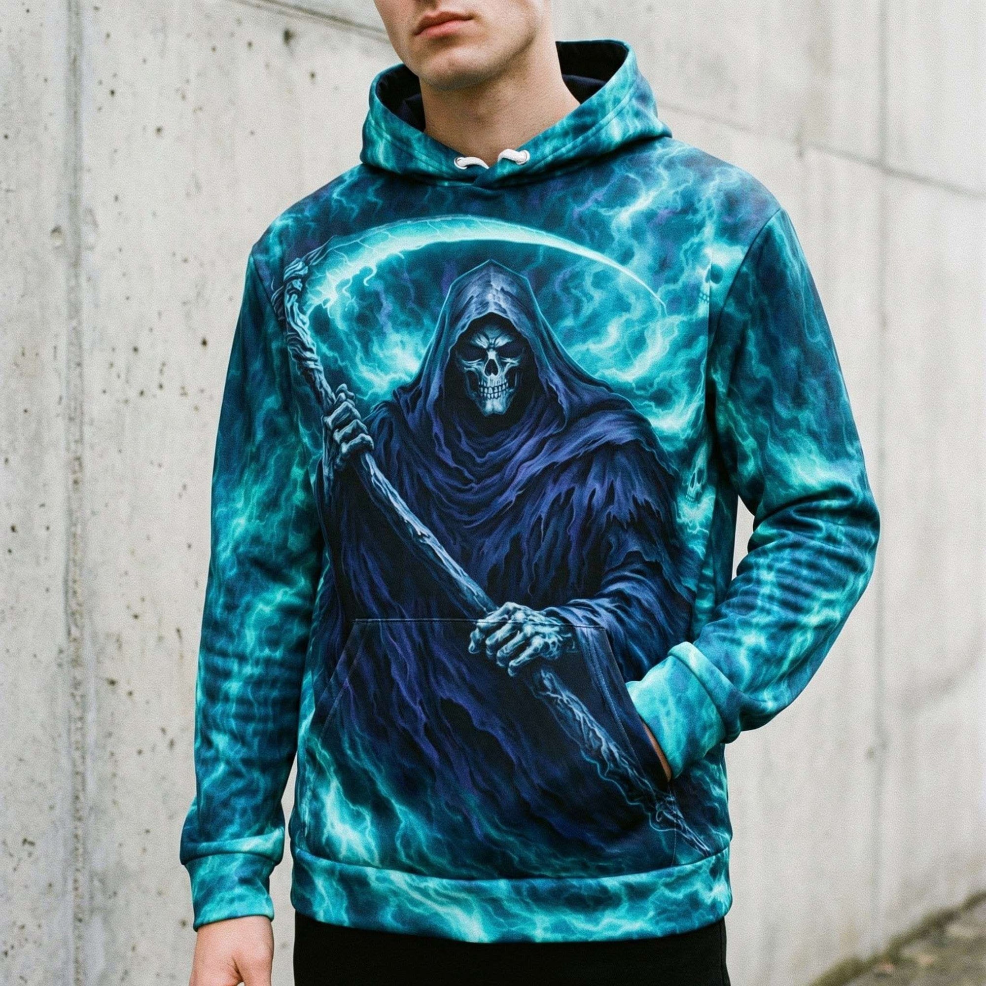 Spectral Grim Reaper Hoodie with hooded skeleton and ethereal robes in black, purple, and blue-green gothic style