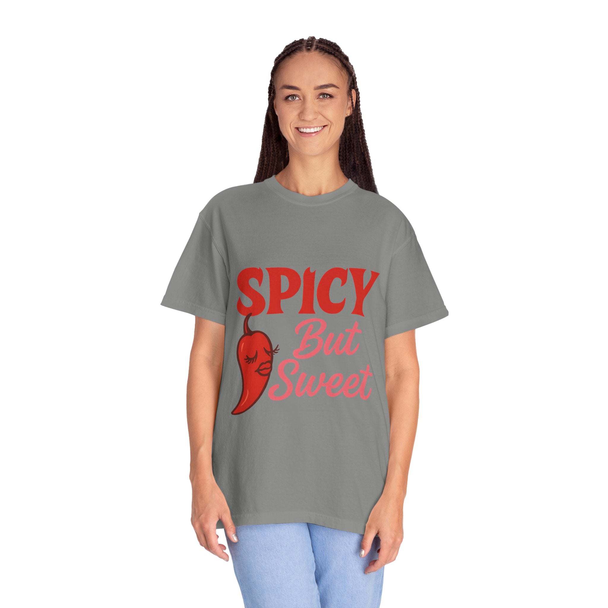 Spicy But Sweet T-shirt gray unisex tee with chili pepper graphic and playful text design