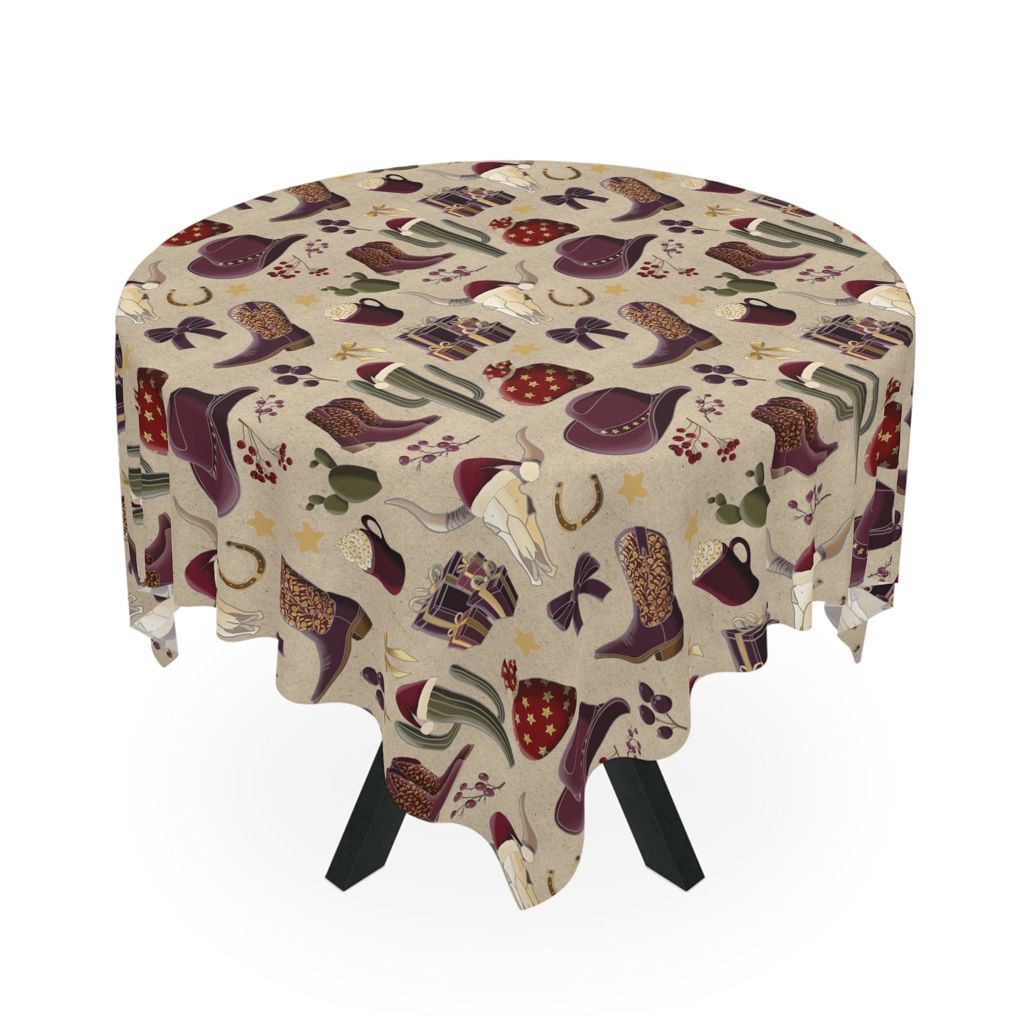 Cowboy Christmas tablecloth with western holiday design on round table