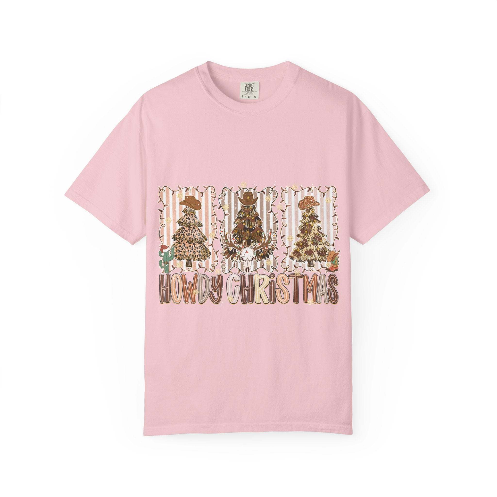 Pink Cowboy Howdy Christmas t-shirt with festive cowboy-themed tree design and holiday lettering