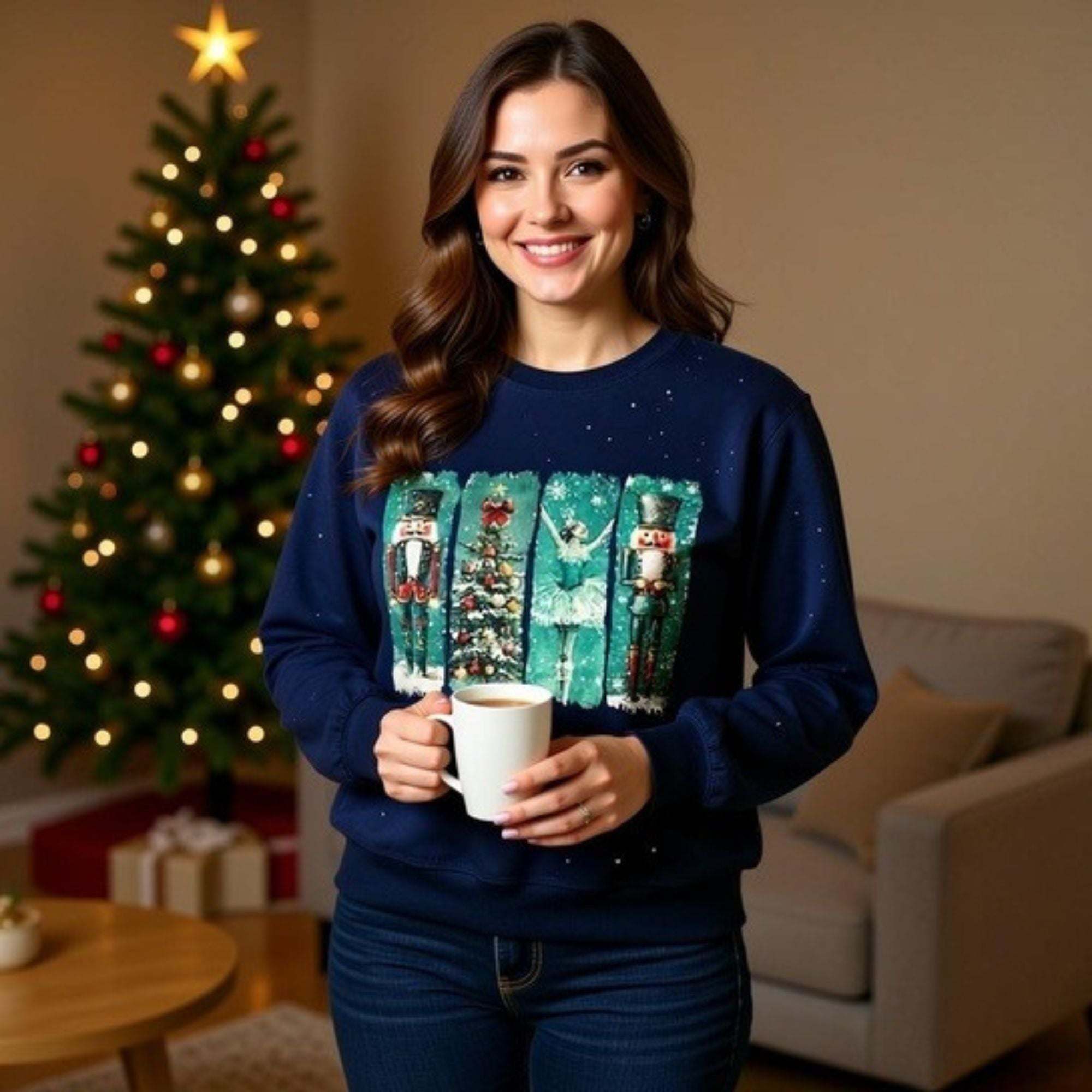 Woman wearing vintage Christmas Nutcracker sweatshirt holding a white mug in a festive room with decorated Christmas tree