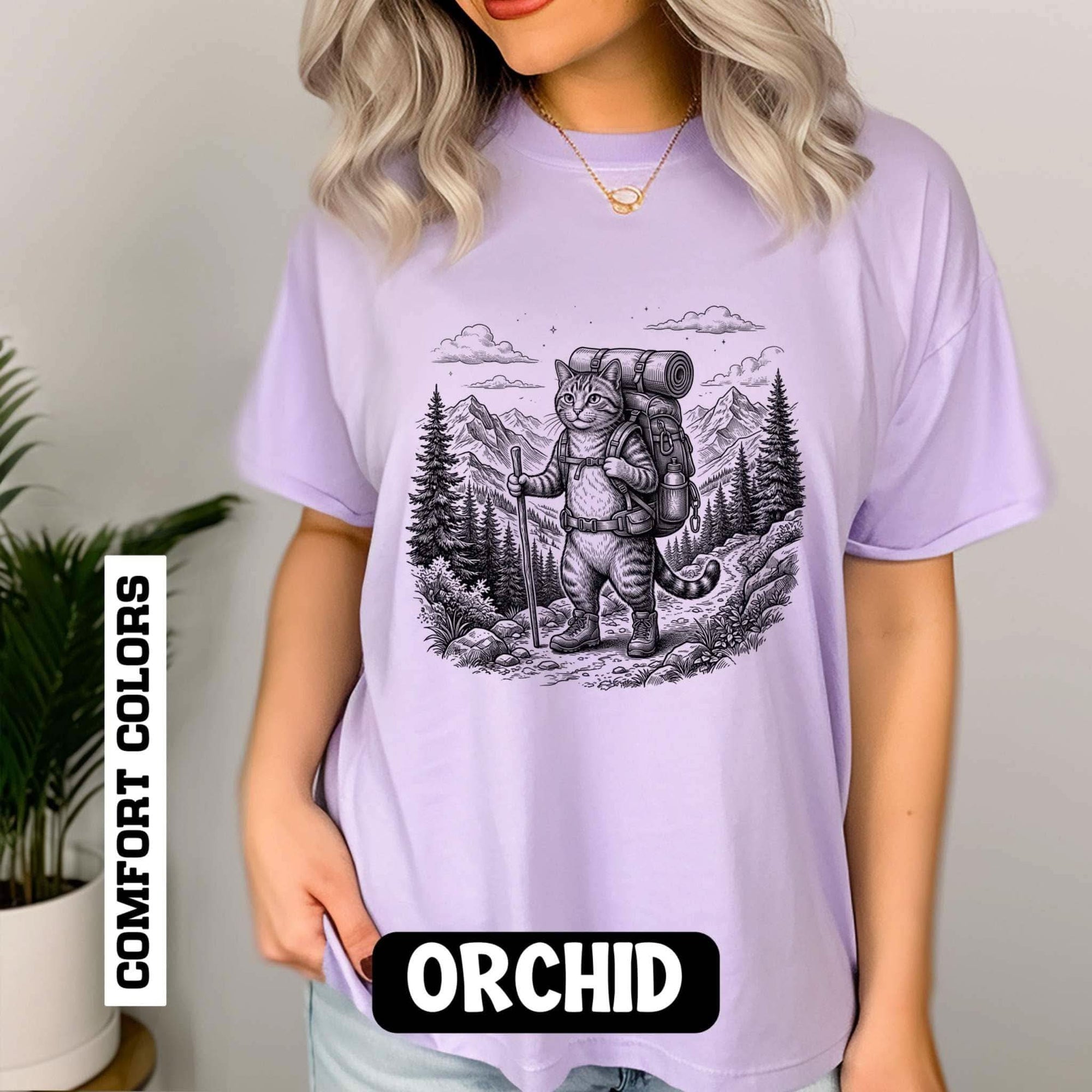 Vintage Cat Hiker illustration t-shirt featuring a backpacking cat on a mountain trail for outdoor adventure and camping enthusiasts