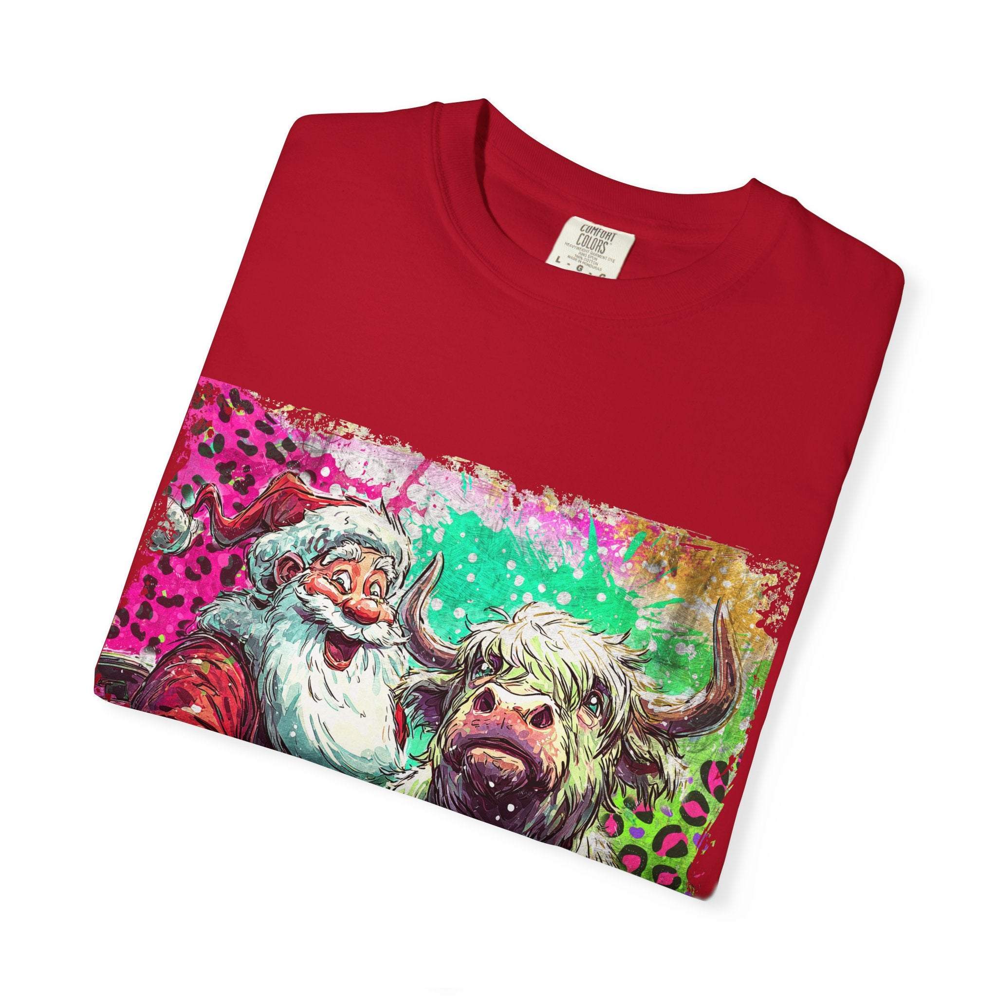 Retro Santa and Highland Cow graphic on a black t-shirt by Printify, perfect for festive holiday wear.