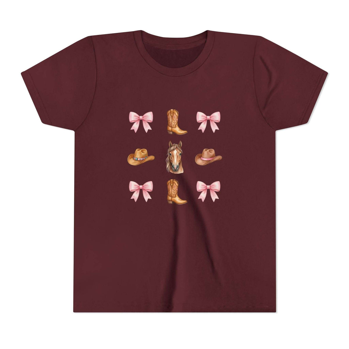Youth pink Cowboy Horse & Boots tee with Western hat, pink bows, and horse print