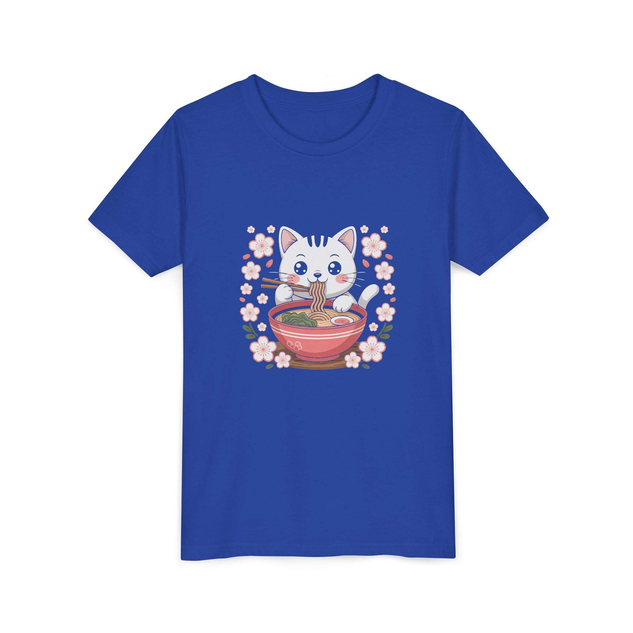 Kawaii cat eating ramen bowl on youth short sleeve tee