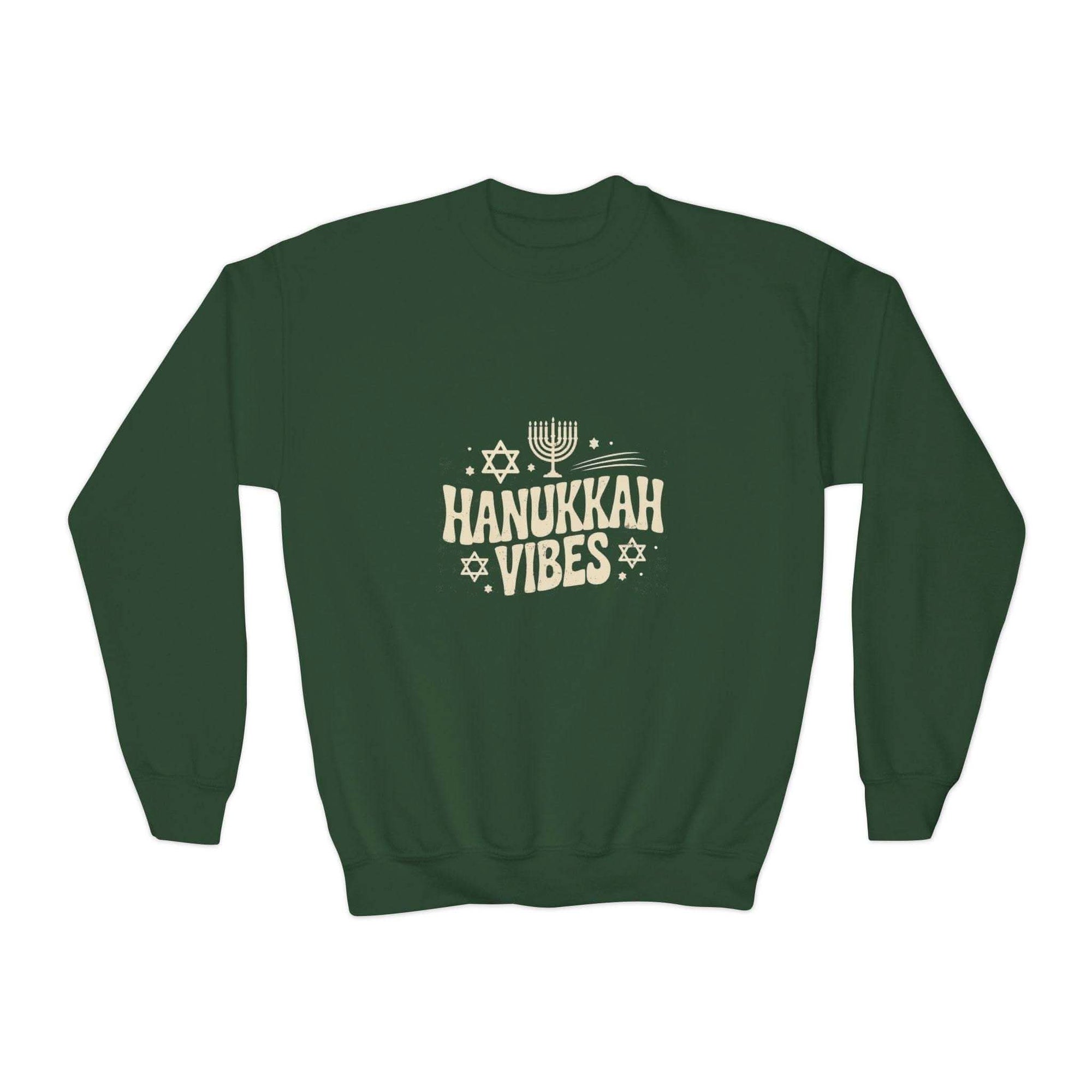 White Hanukkah crewneck youth sweatshirt featuring festive designs, perfect for kids' holiday wear by Printify.