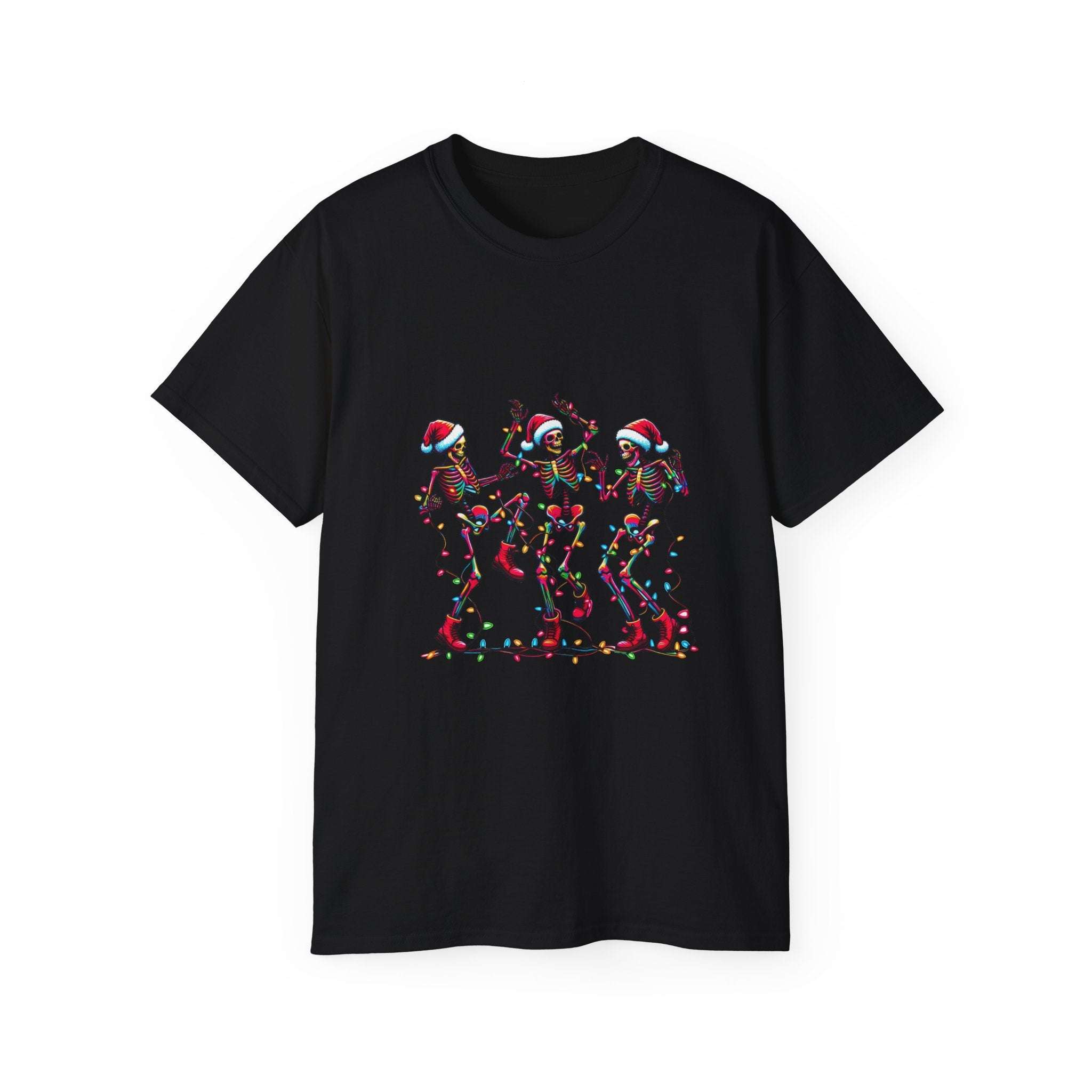 White Christmas Dancing Skeletons t-shirt by Printify, featuring festive skeleton graphic, available in sizes S, M, L.