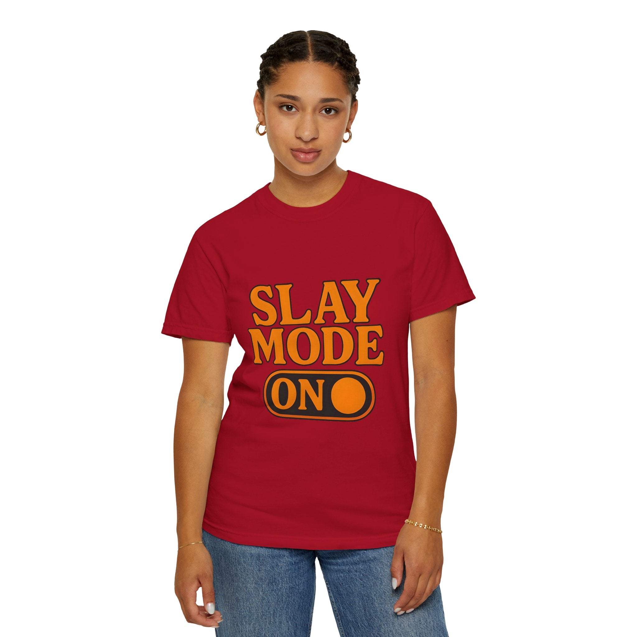 Woman wearing red garment-dyed tee with "Slay Mode On" text, casual style and comfortable fit