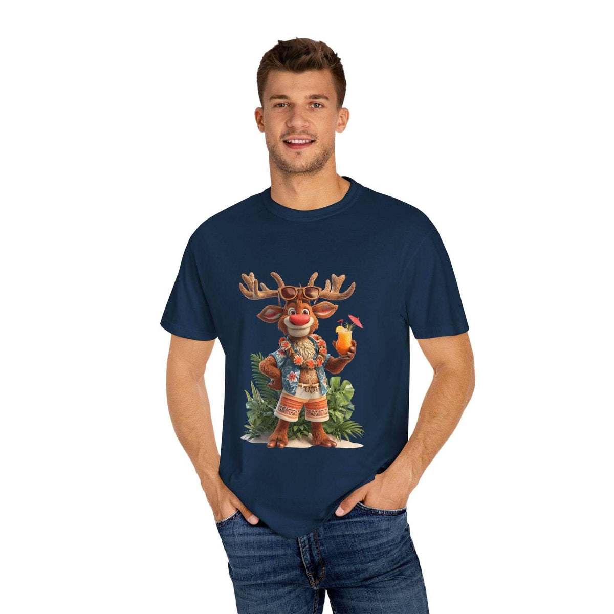 Unisex navy T-Shirt Tropical Vacation featuring festive reindeer with tropical drink design
