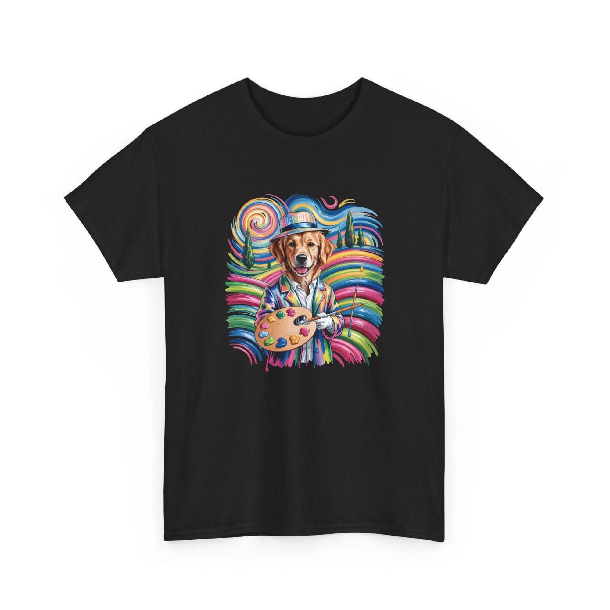 Golden retriever wearing artist beret with paint palette on colorful artist dog t-shirt with rainbow swirls
