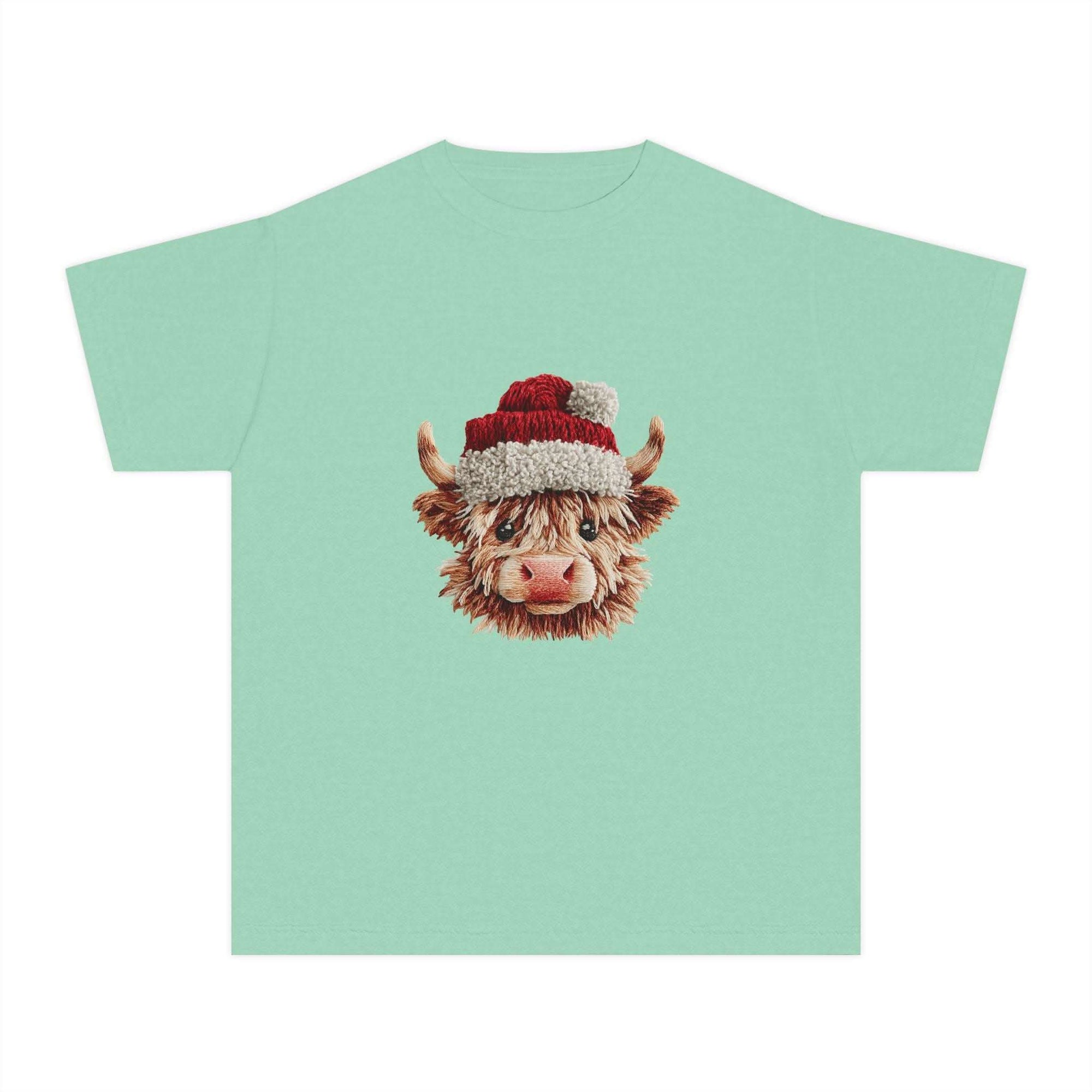 Youth tee featuring Santa hat Highland cow in faux crochet yarn style for Christmas