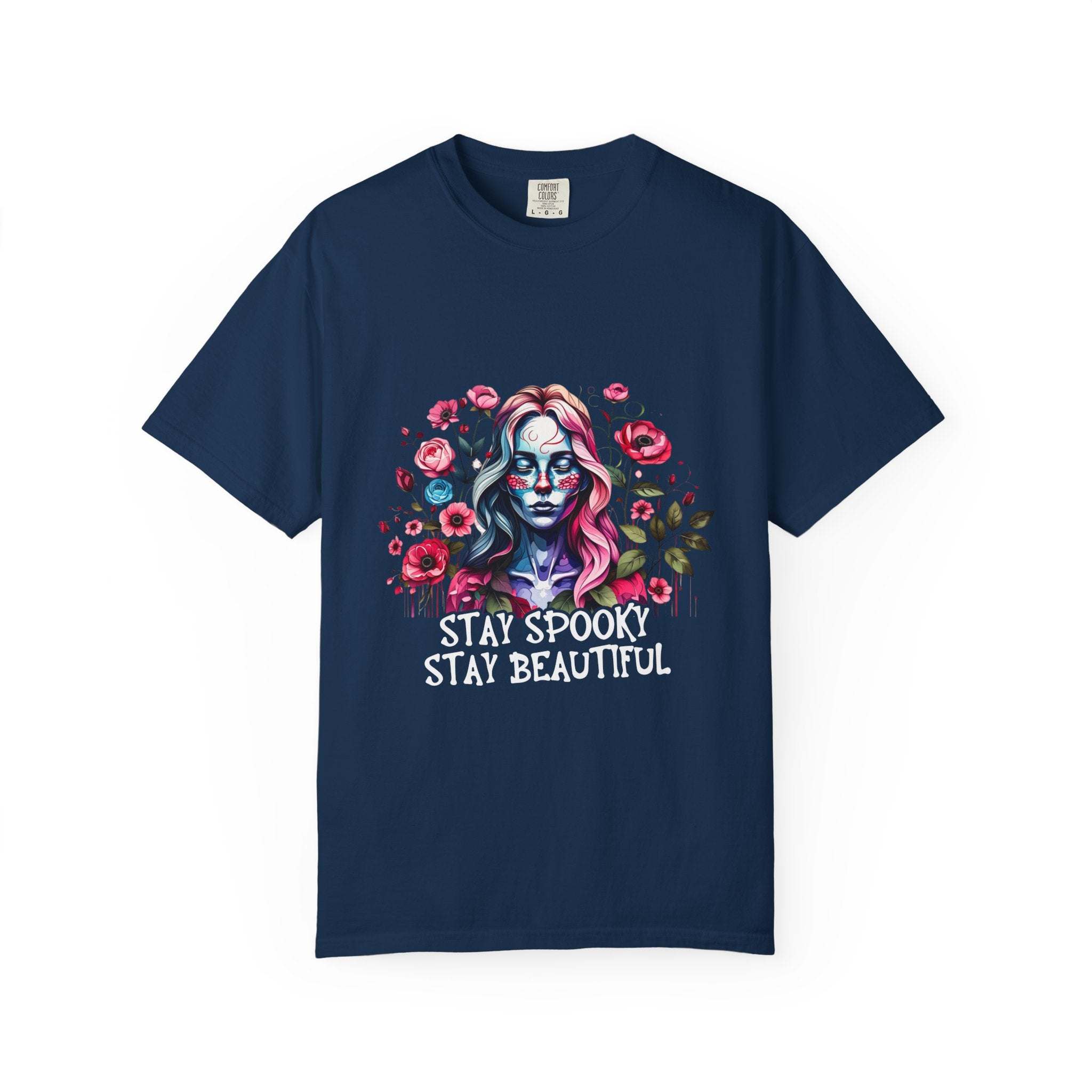 Navy floral skeleton t-shirt with "Stay Spooky Stay Beautiful" text and colorful flower design