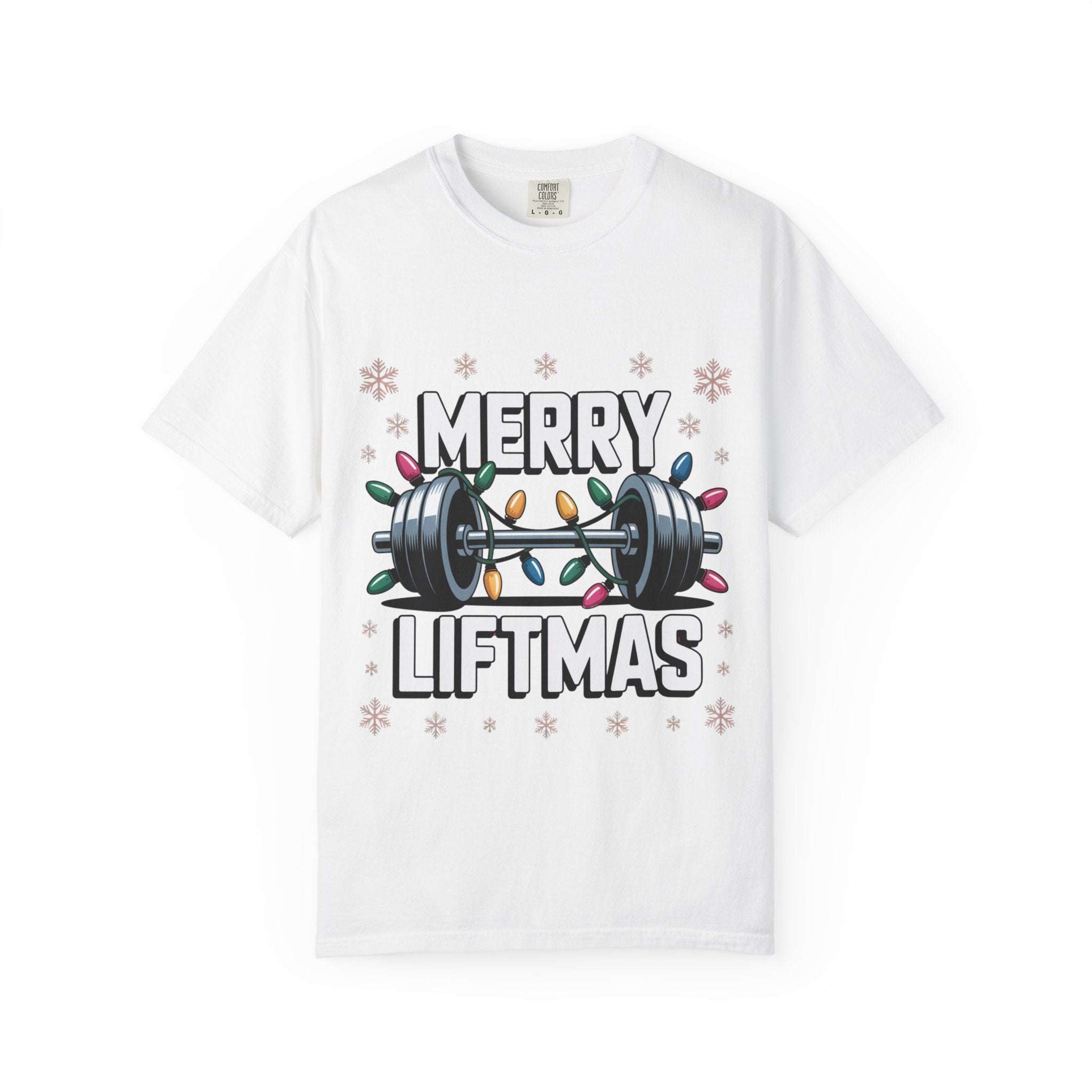 White Christmas workout t-shirt with Merry Liftmas barbell design and colorful holiday lights