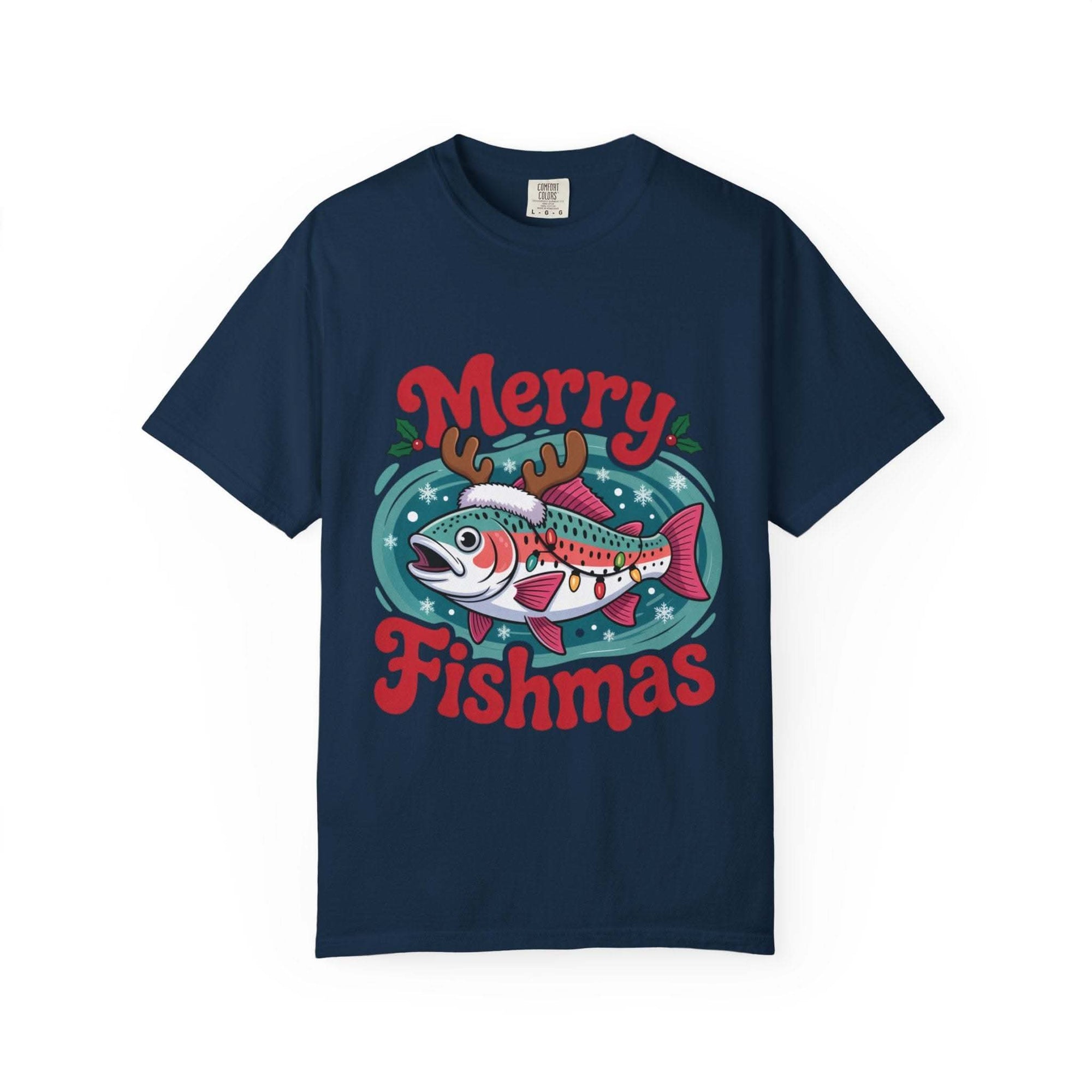 True Navy garment-dyed t-shirt featuring Merry Fishmas design for fishermen, by Printify