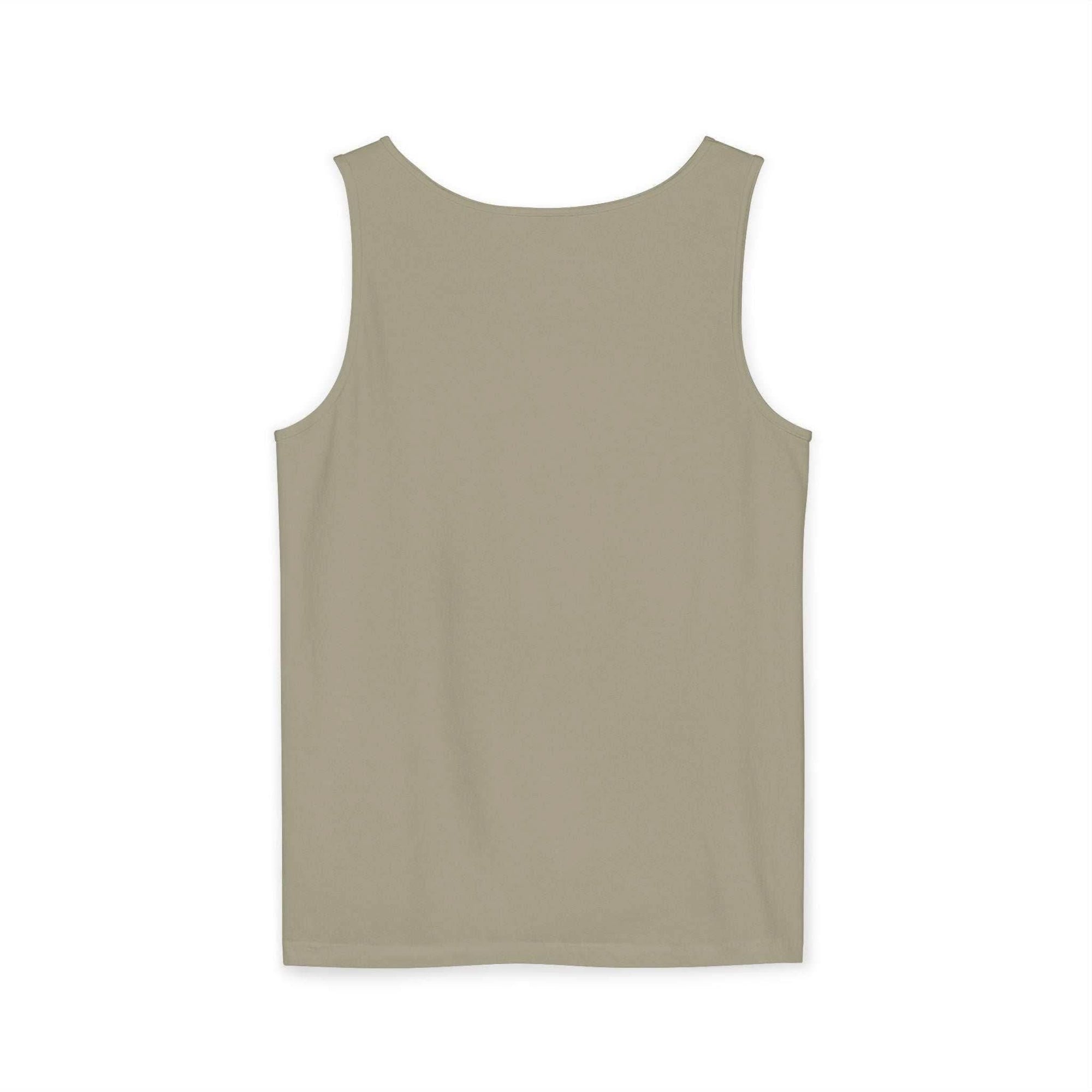 Beige tank top with sleeveless design, made of 100% ring spun cotton for comfort and durability.