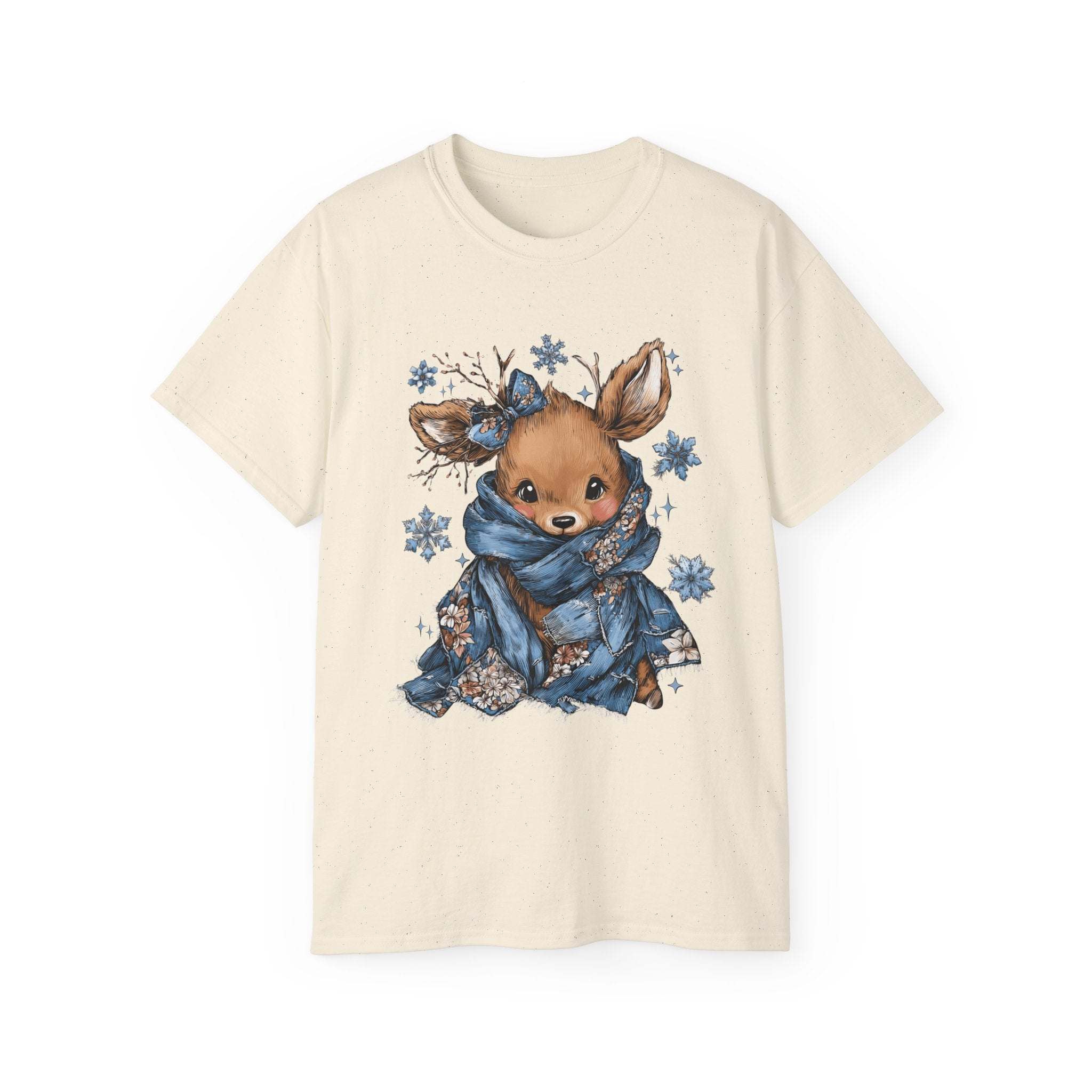 White t-shirt with retro patchwork reindeer design wearing blue scarf and surrounded by snowflakes