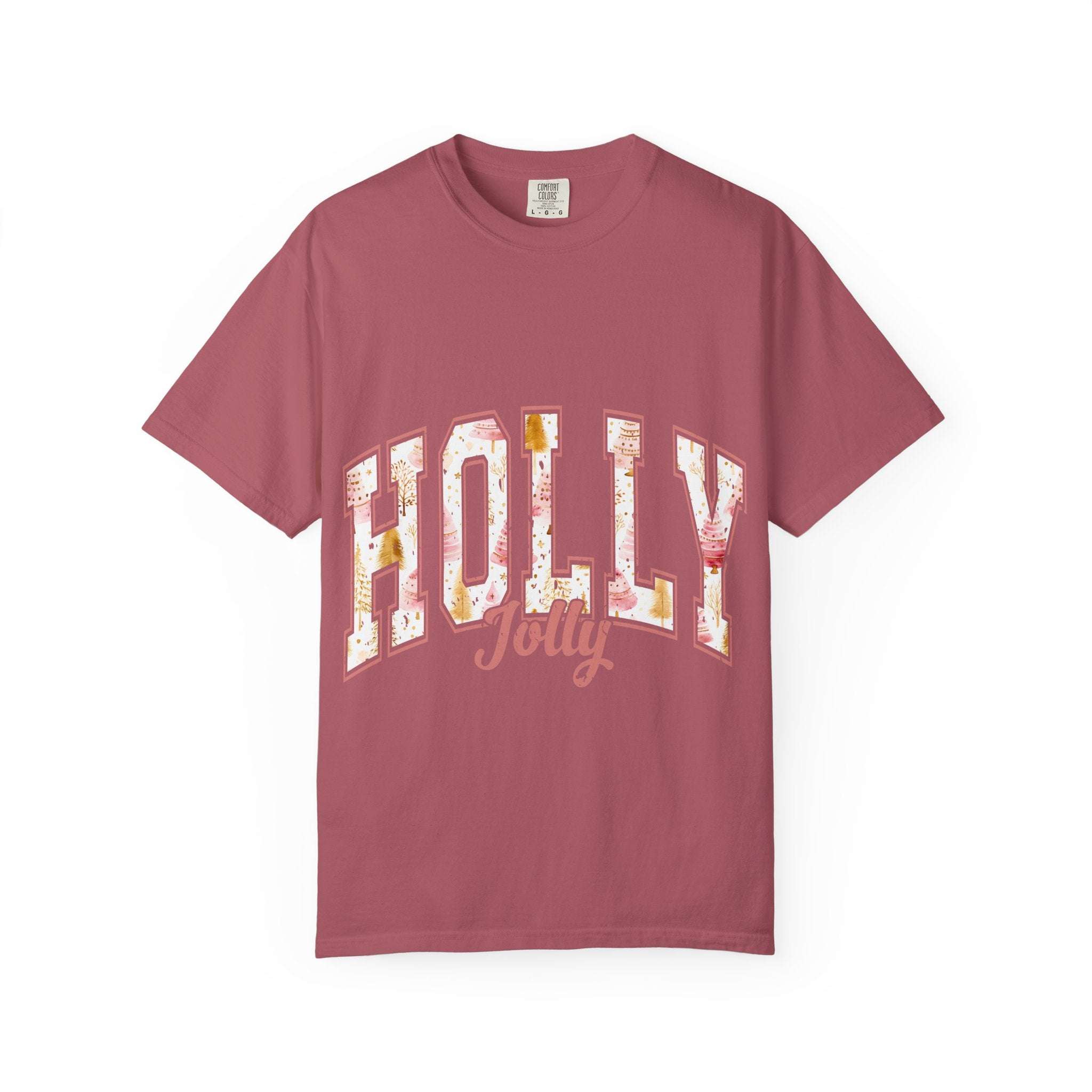 Varsity Holly Jolly T-shirt in festive red with "HOLLY jolly" print, unisex garment-dyed cotton tee