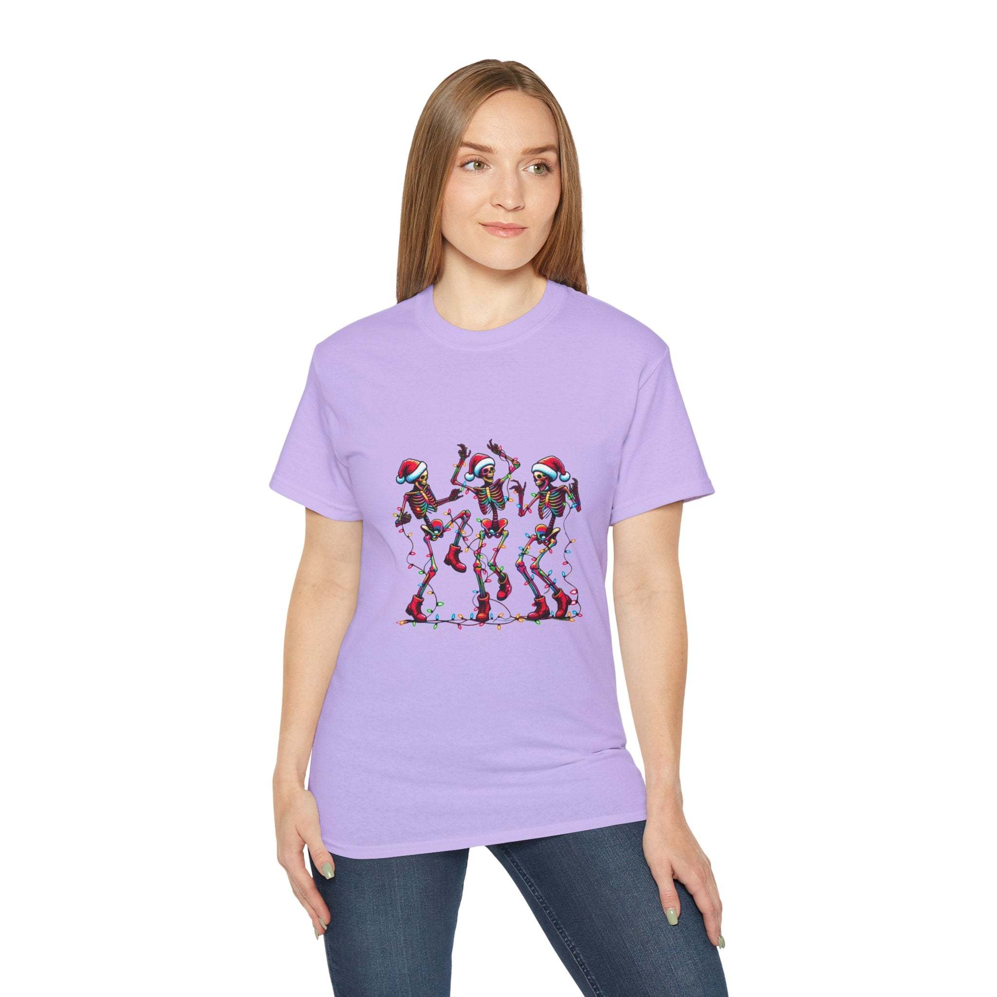 White Christmas Dancing Skeletons t-shirt by Printify, festive design perfect for holiday celebrations