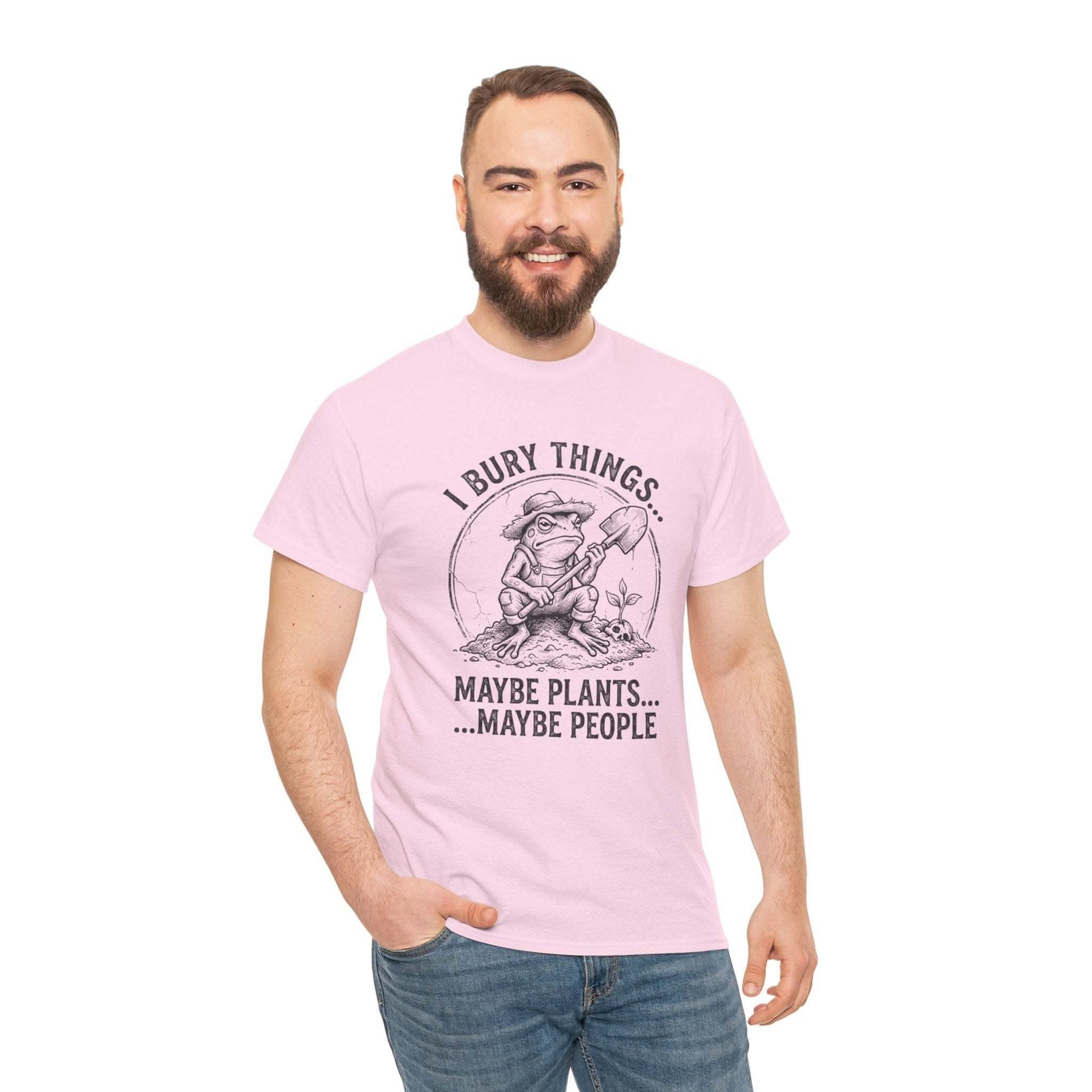 Funny "I Bury Things Maybe Plants Maybe People" gardener t-shirt with grayscale gnome digging design
