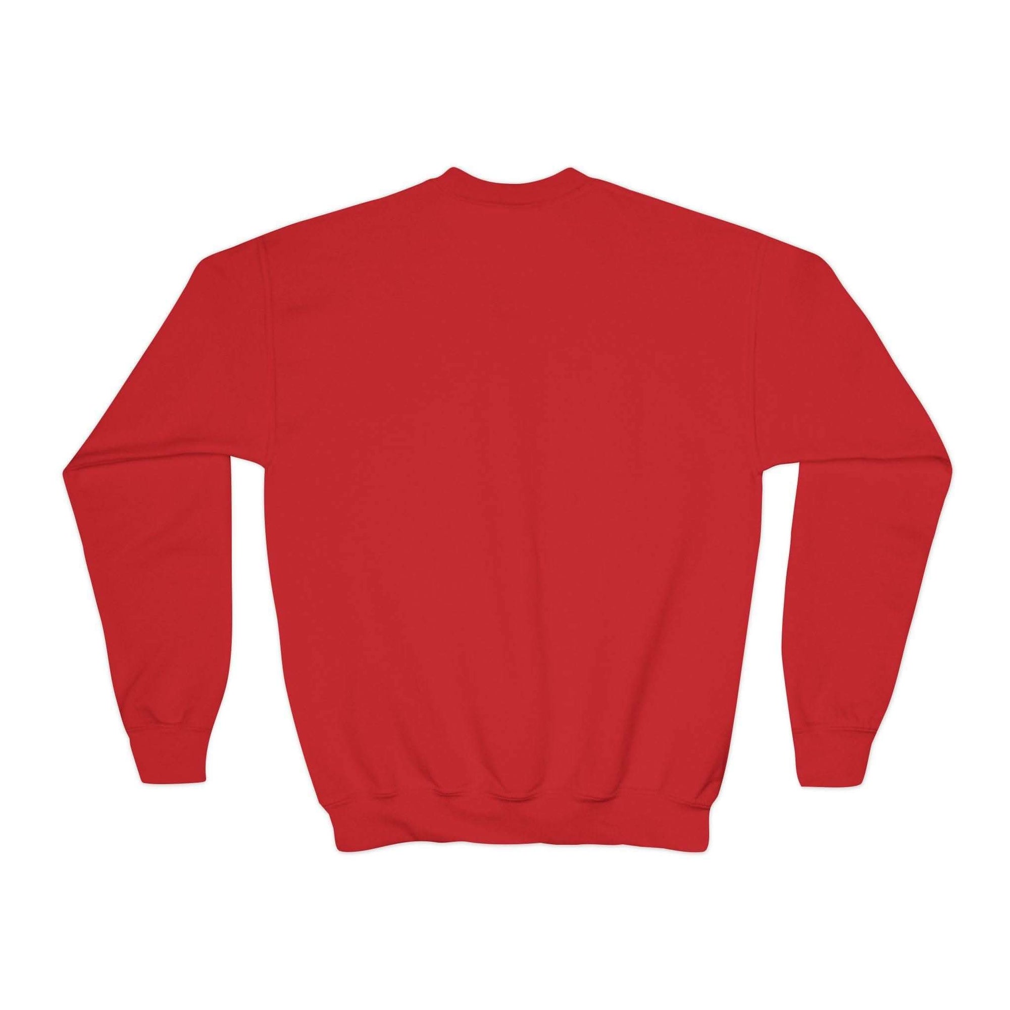 Red Moody Girl Highland Cow youth sweatshirt back view with ribbed collar and cuffs
