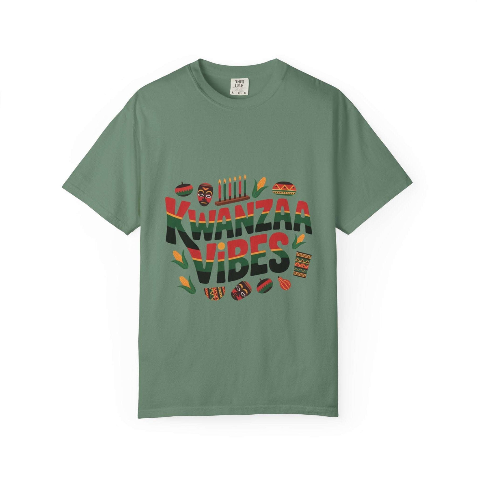 White garment-dyed t-shirt featuring 'Kwanzaa Vibes' design by Printify.