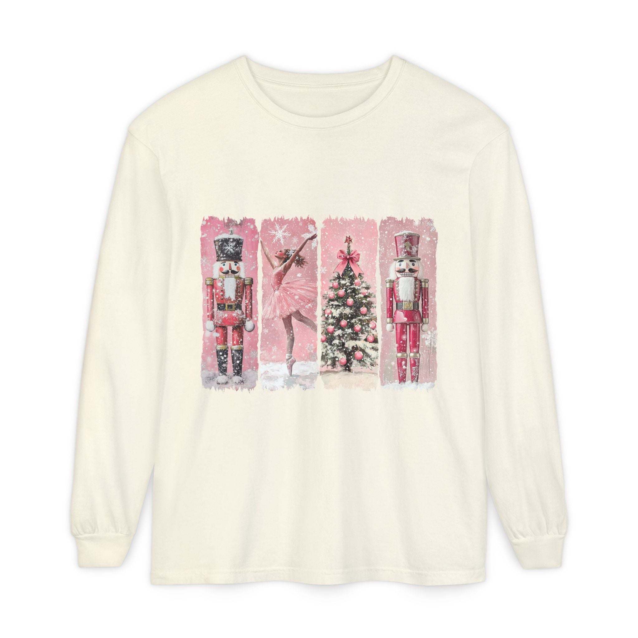 Preppy pink watercolor Nutcracker Christmas long sleeve T-shirt in soft ring-spun cotton