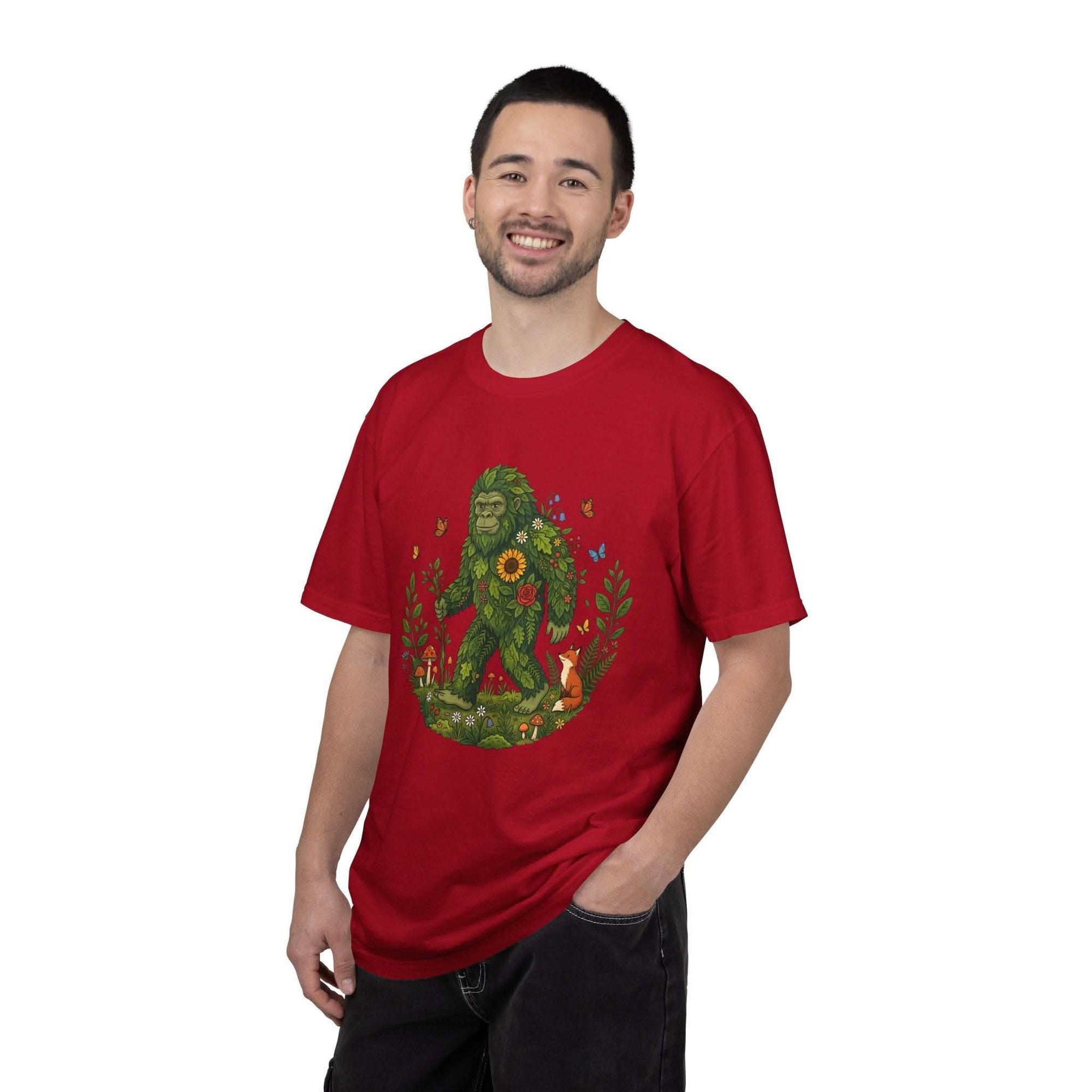 Forest Sasquatch illustration t-shirt with floral woodland Bigfoot design and mossy fur motif