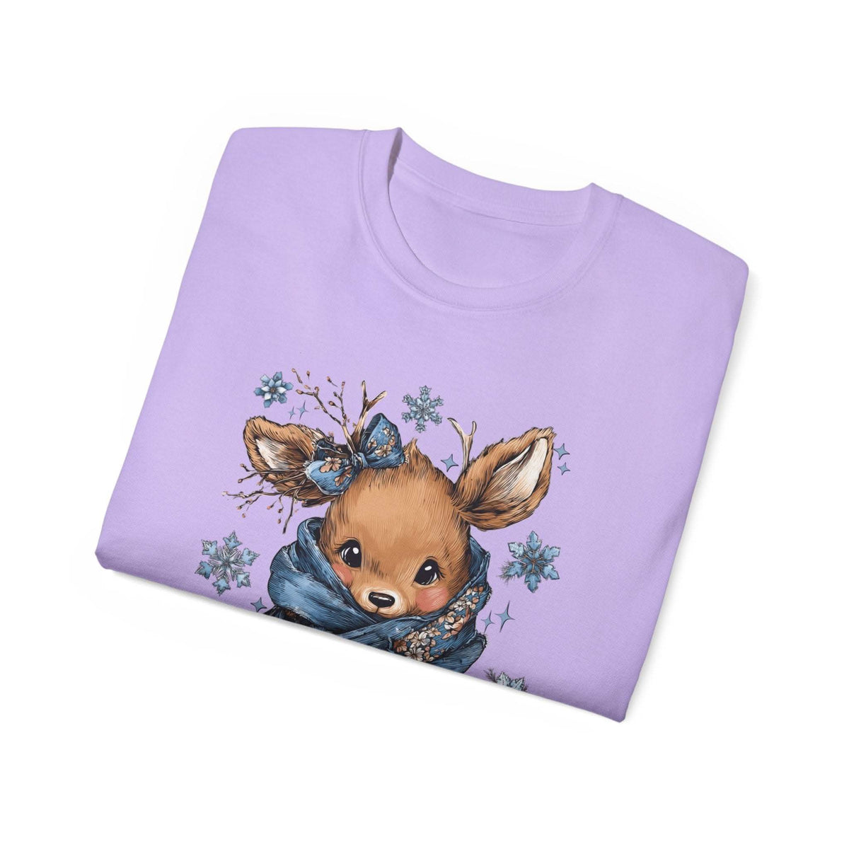 White t-shirt with retro patchwork reindeer design wearing blue scarf and surrounded by snowflakes
