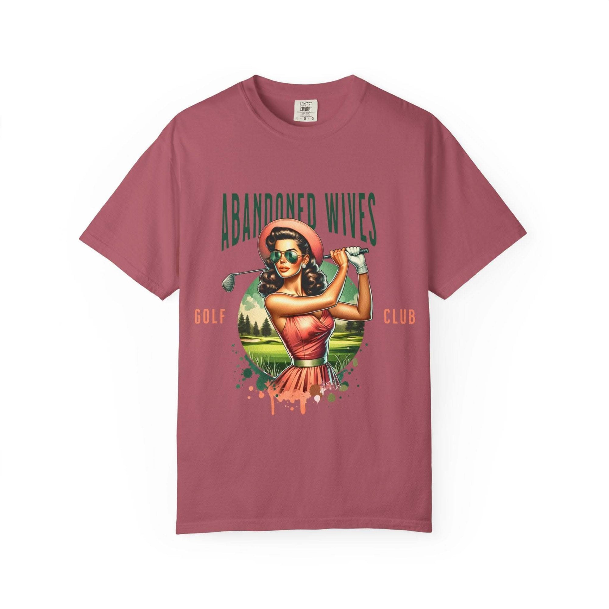 Vintage unisex T-shirt with humorous Abandoned Wives Golf Club design in pink tones
