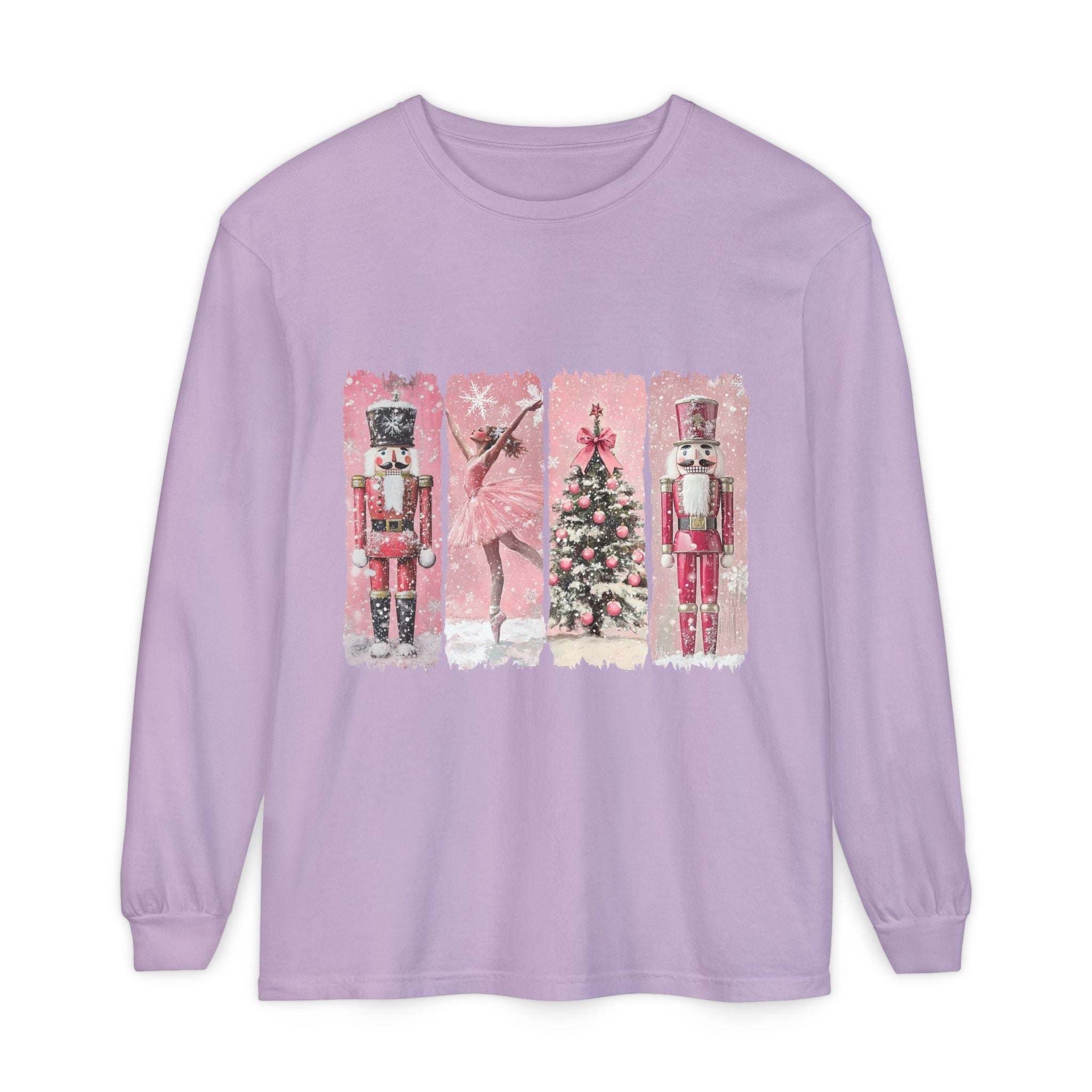 Preppy pink watercolor Nutcracker Christmas long sleeve t-shirt with festive holiday design