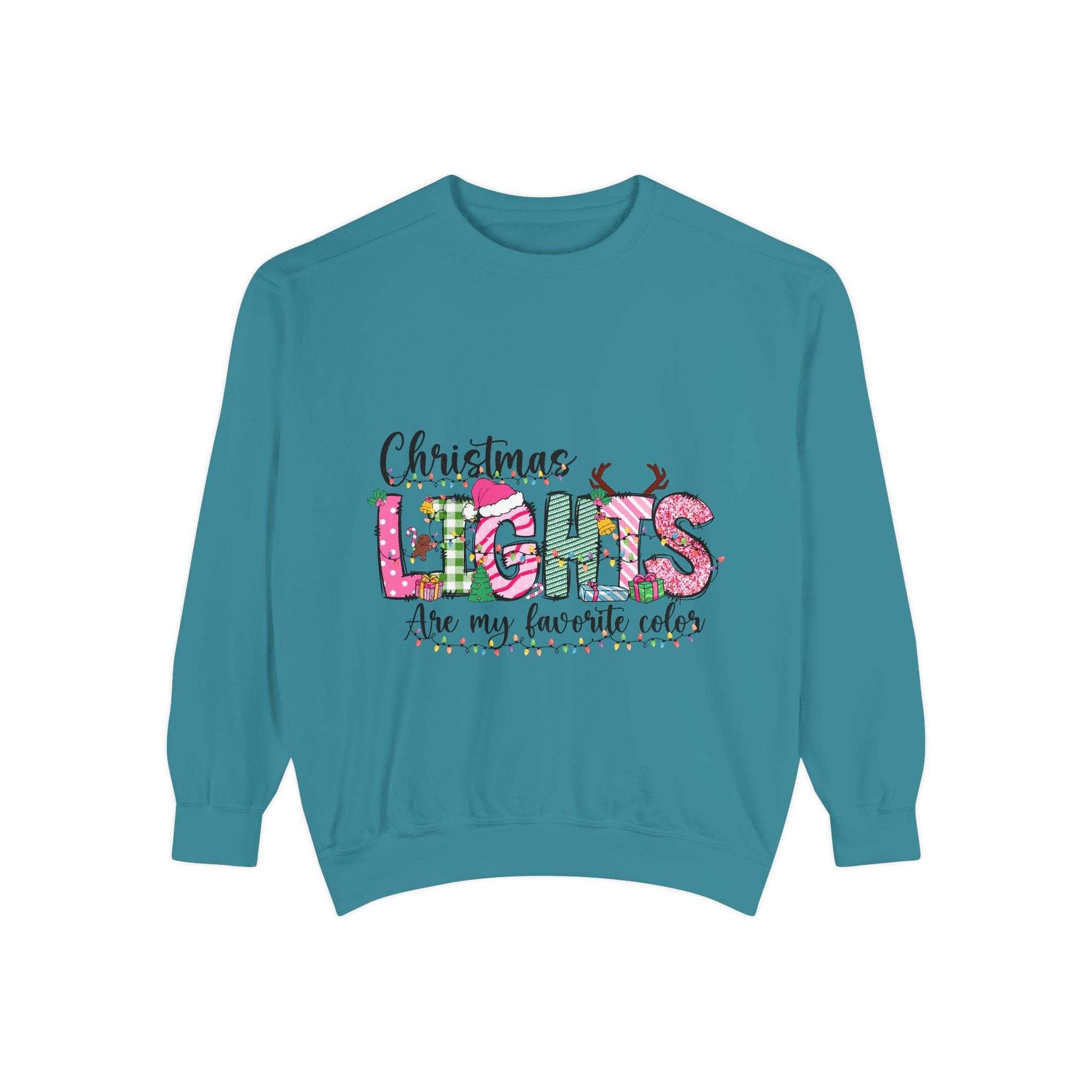 White garment-dyed sweatshirt featuring festive Christmas lights design by Printify