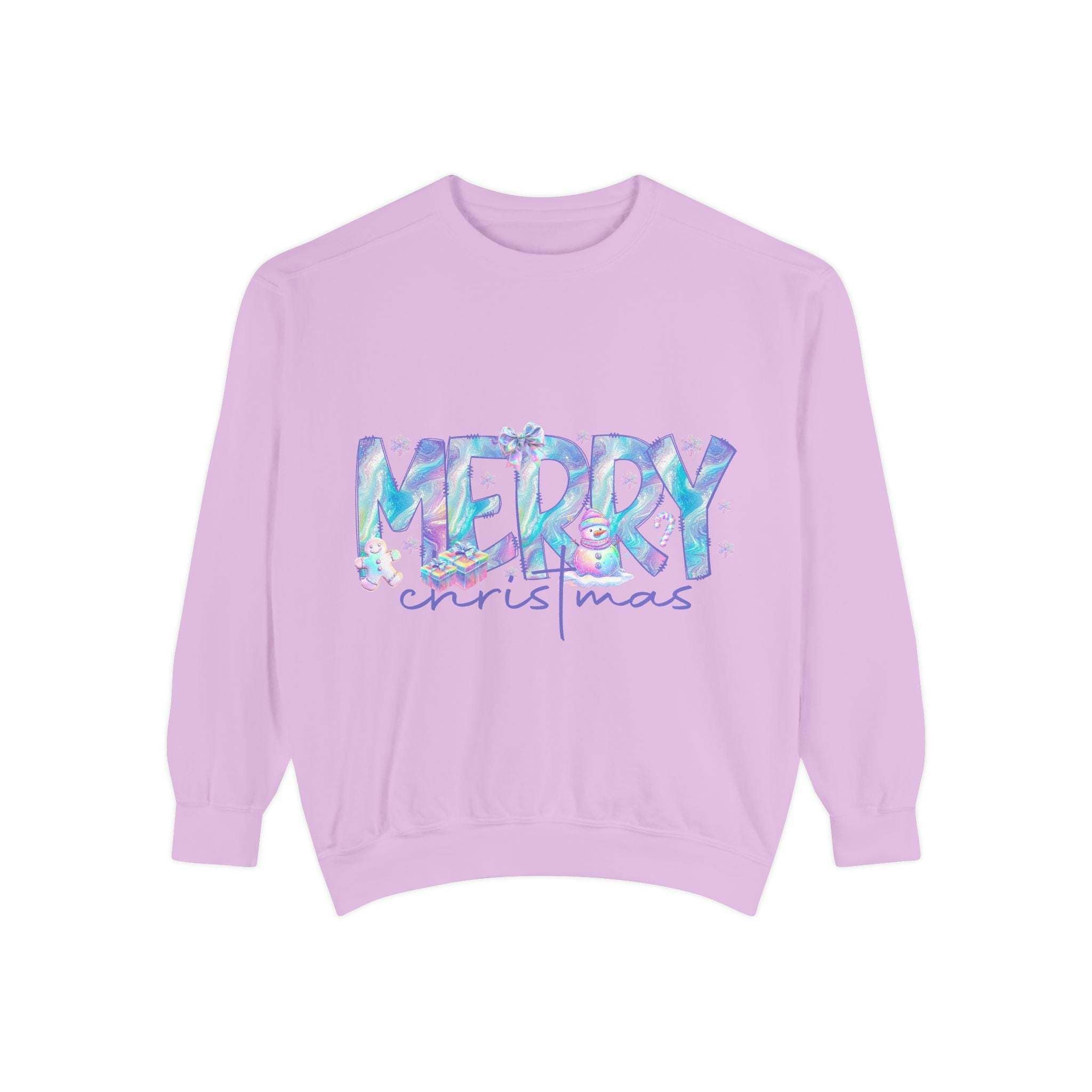 Ultra-soft lavender sweatshirt with iridescent Merry Christmas design and cozy fit for holidays