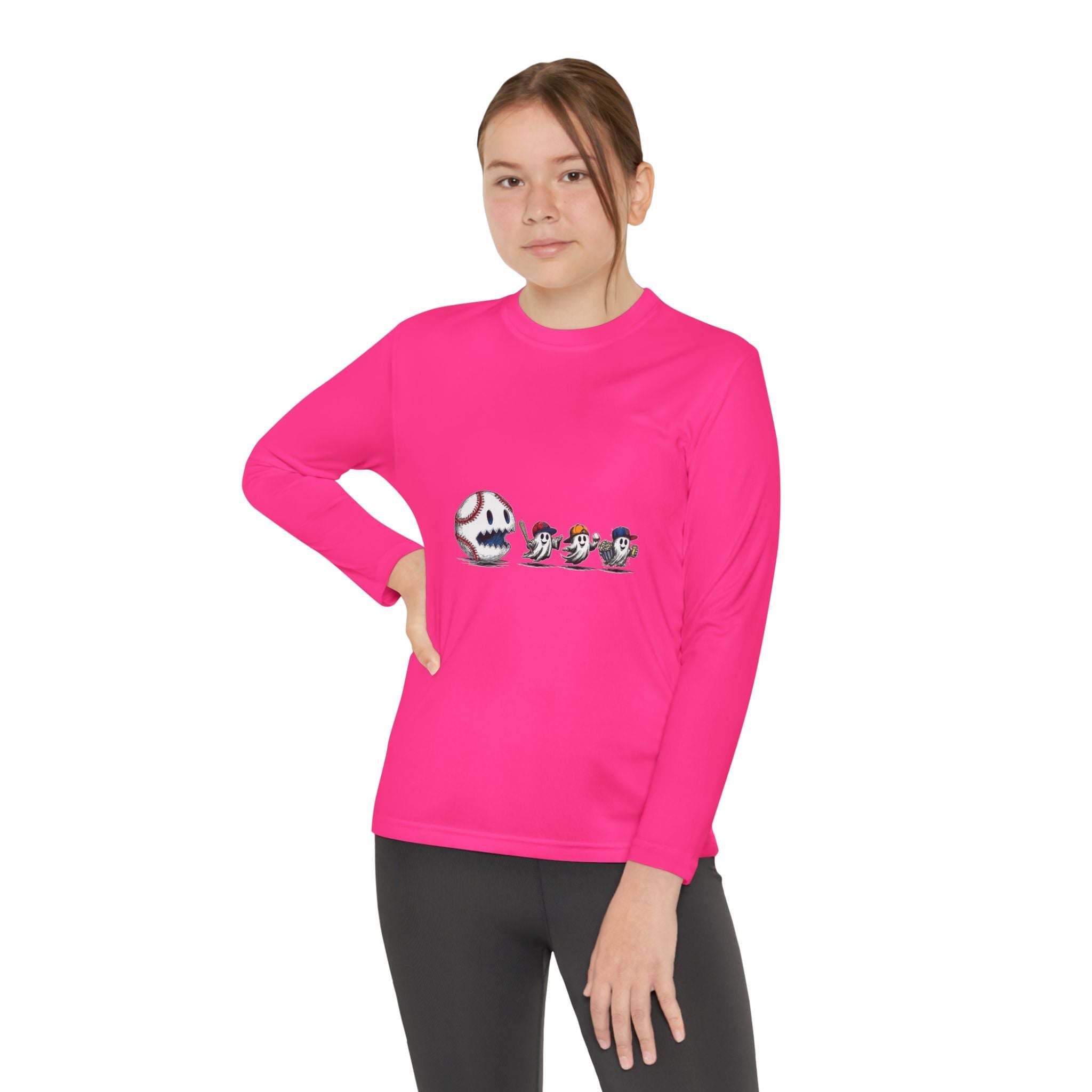 Youth Tee pink long sleeve shirt with baseball eating Halloween ghosts graphic design